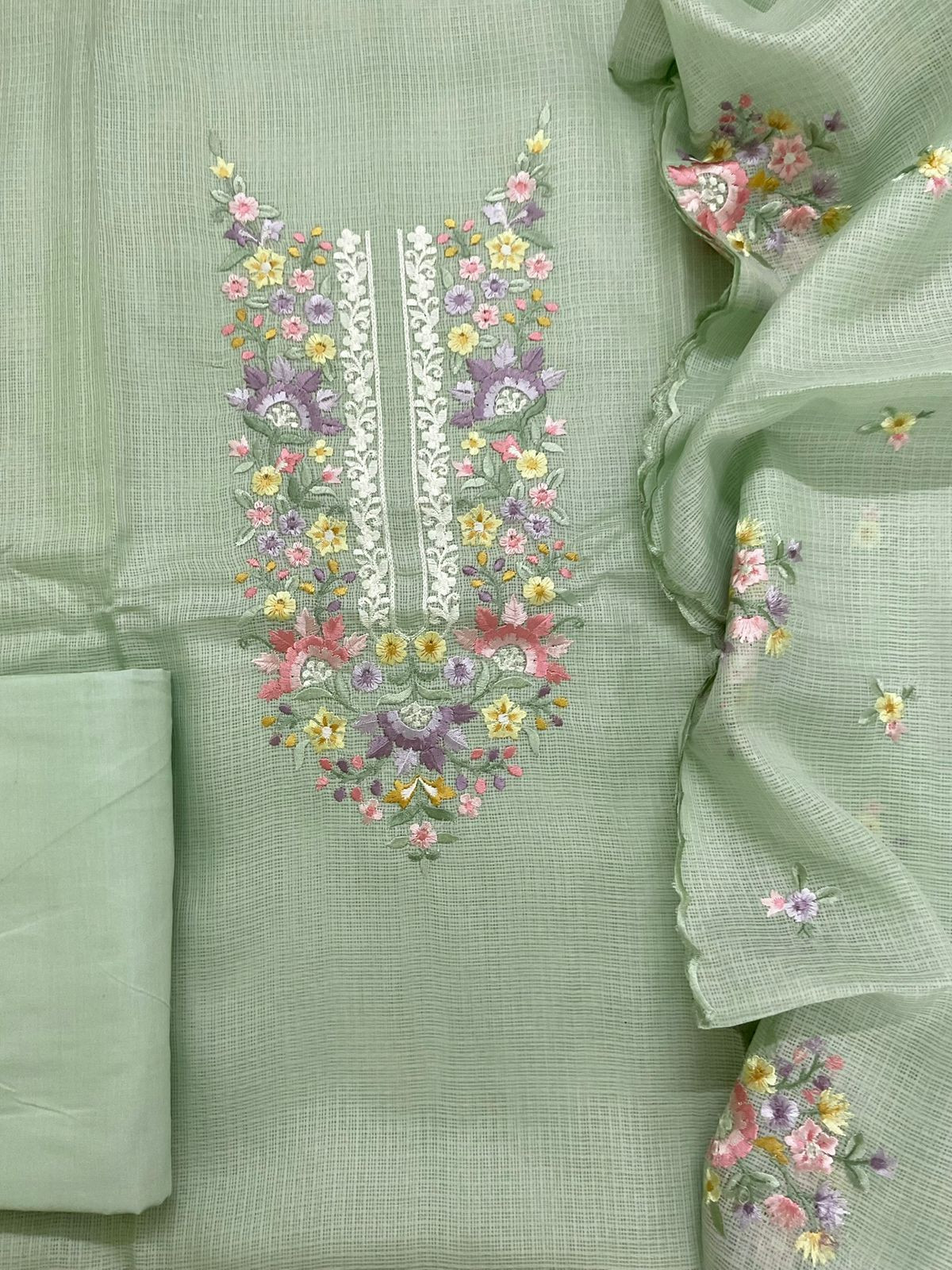 Soft Kota Silk Embroidered Suit - Green