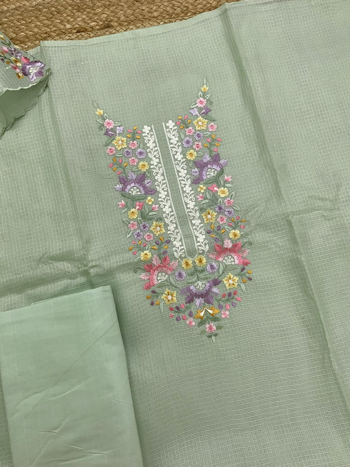 Soft Kota Silk Embroidered Suit - Green