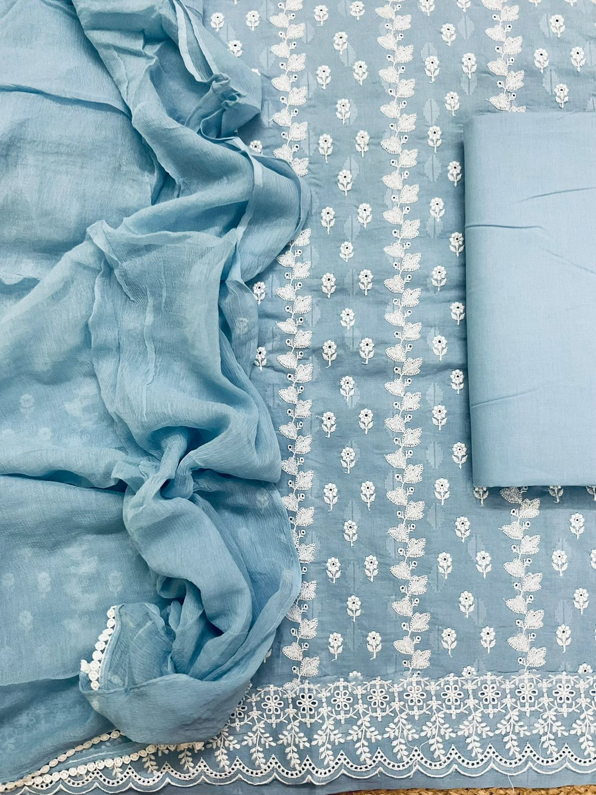 Pure Cotton Self Weaved Embroidered Suit - Blue