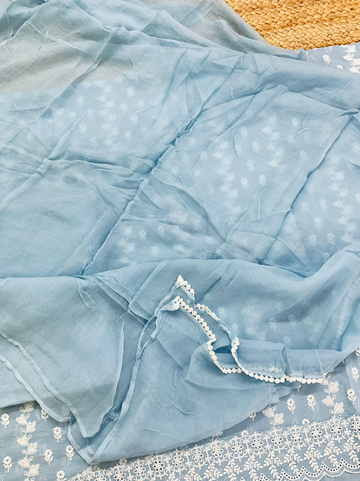 Pure Cotton Self Weaved Embroidered Suit - Blue