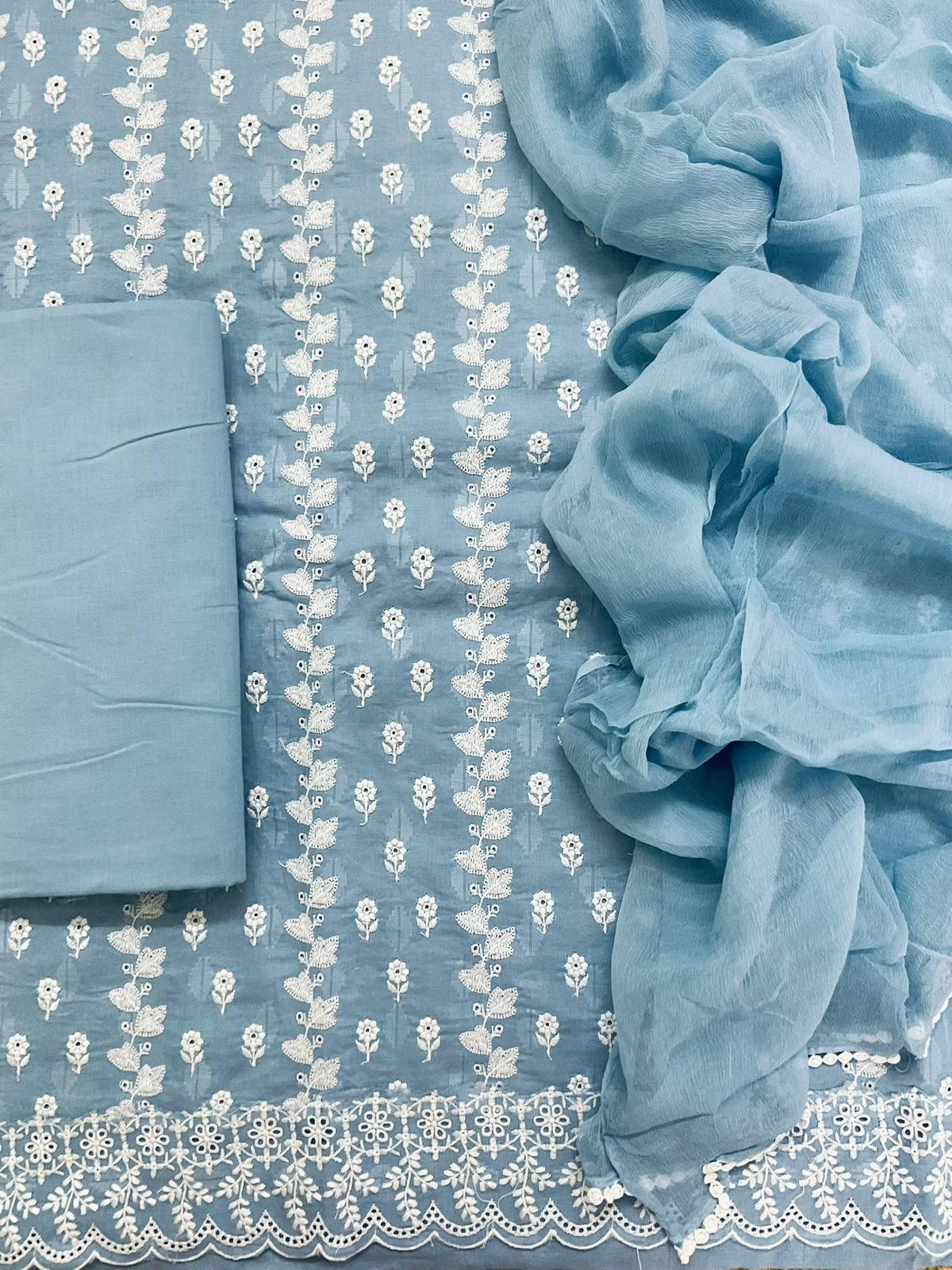 Pure Cotton Self Weaved Embroidered Suit - Blue