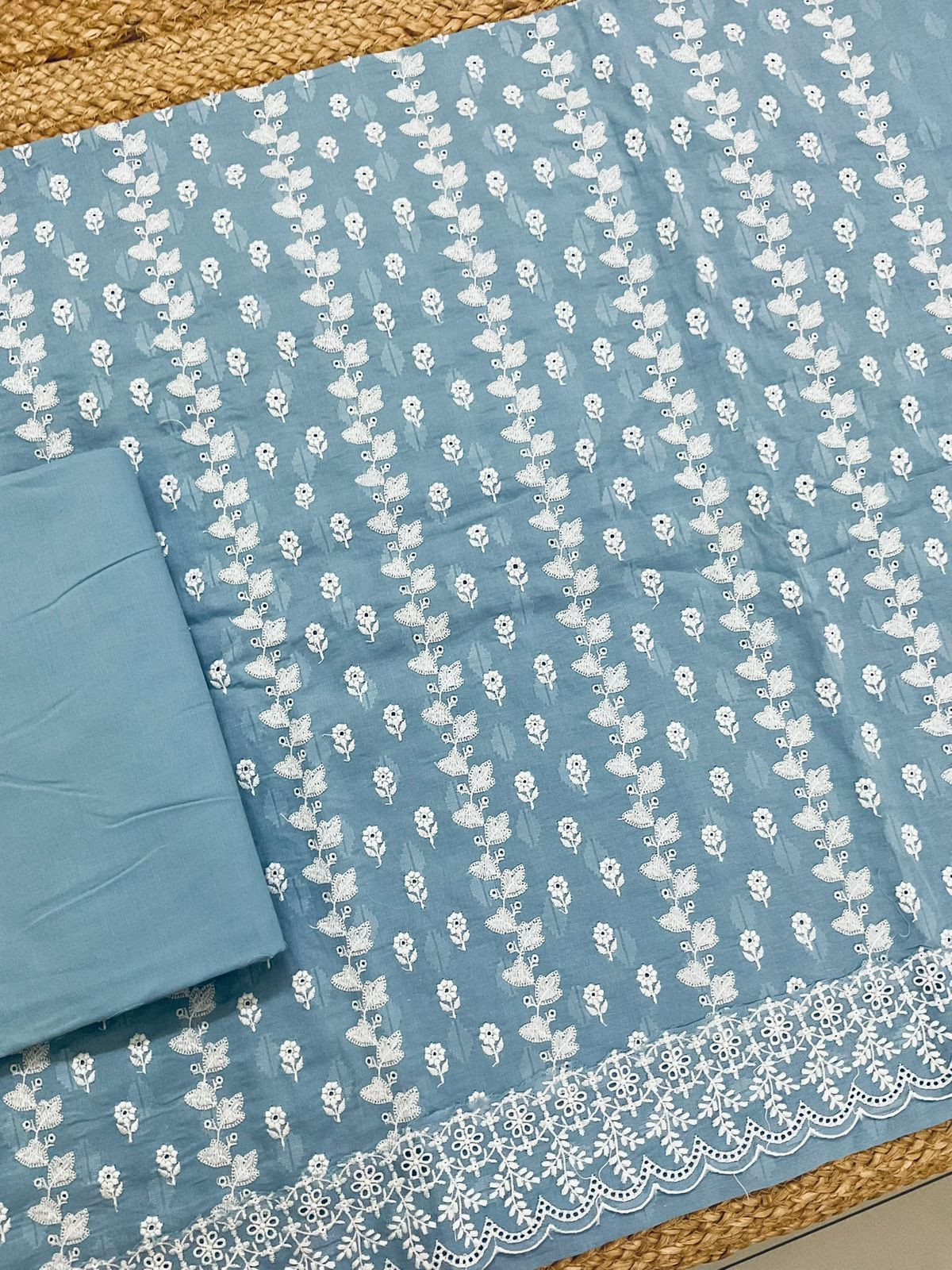 Pure Cotton Self Weaved Embroidered Suit - Blue