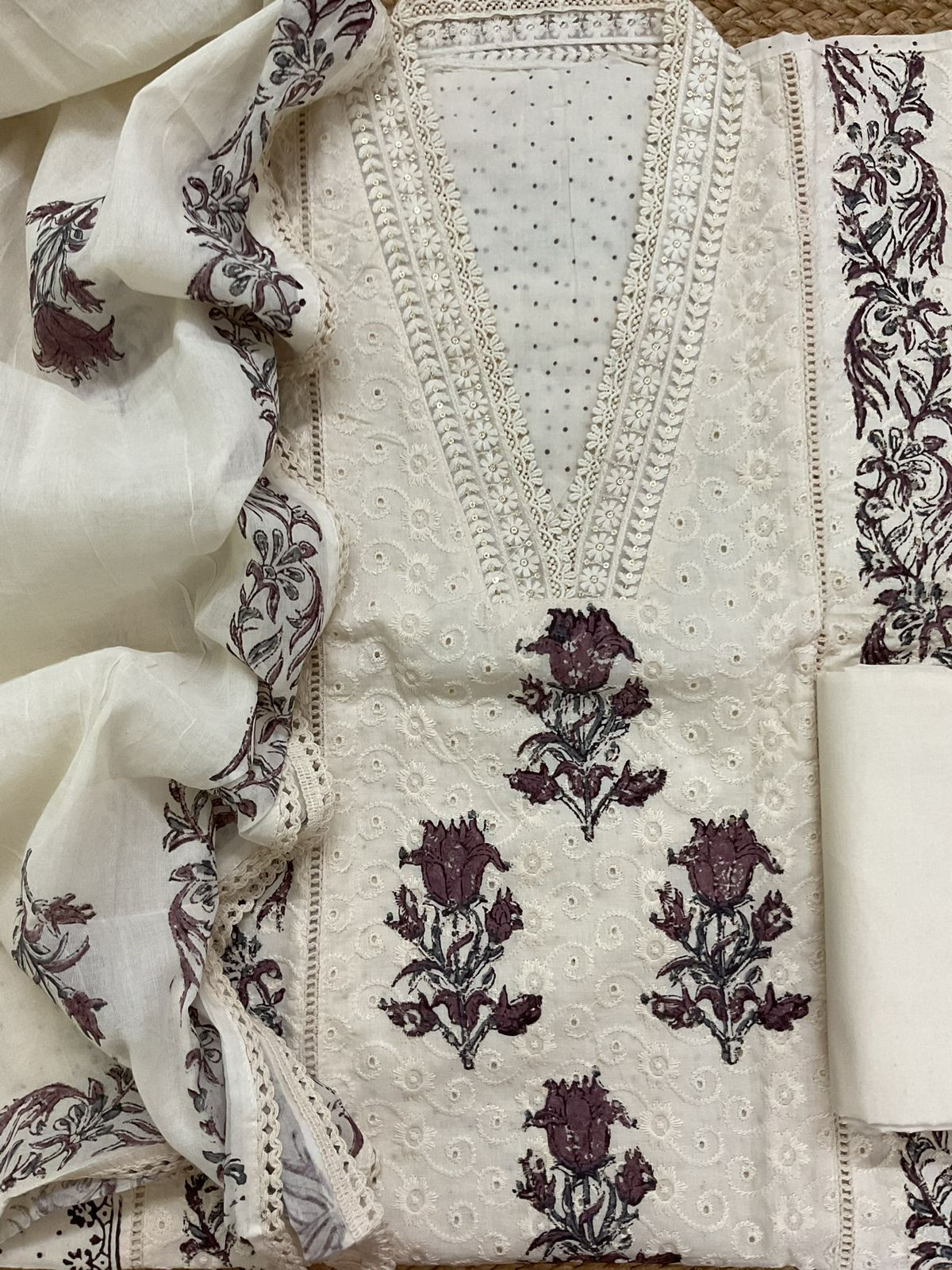 Pure Cotton Printed Embroidered Suit - Cream