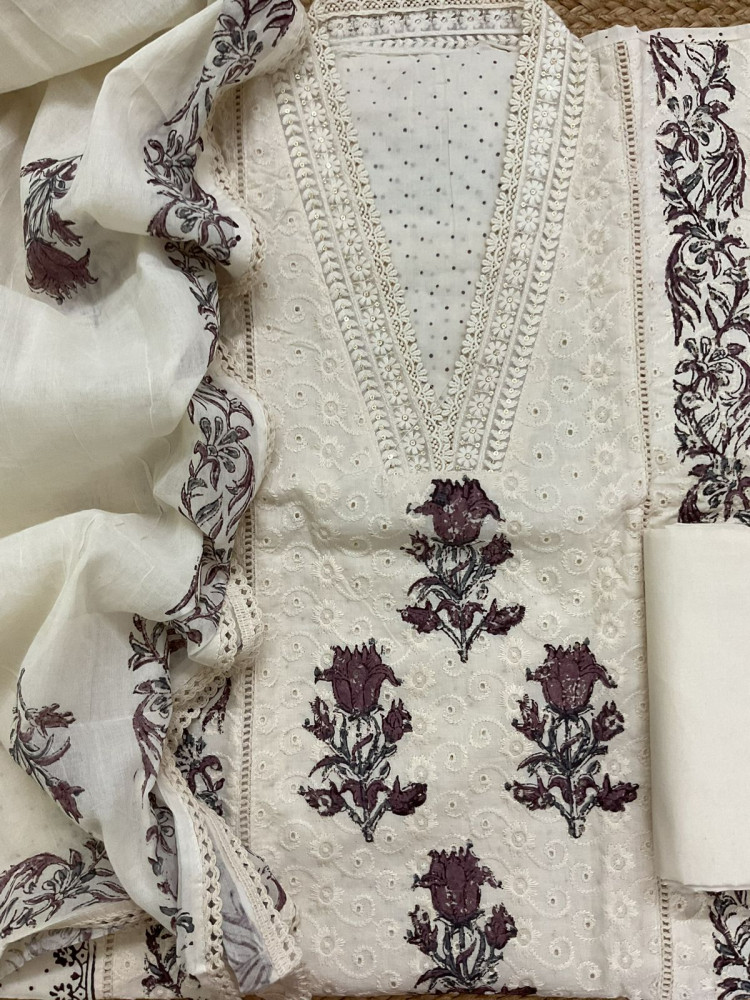 Image of Pure Cotton Printed Embroidered Suit - Cream