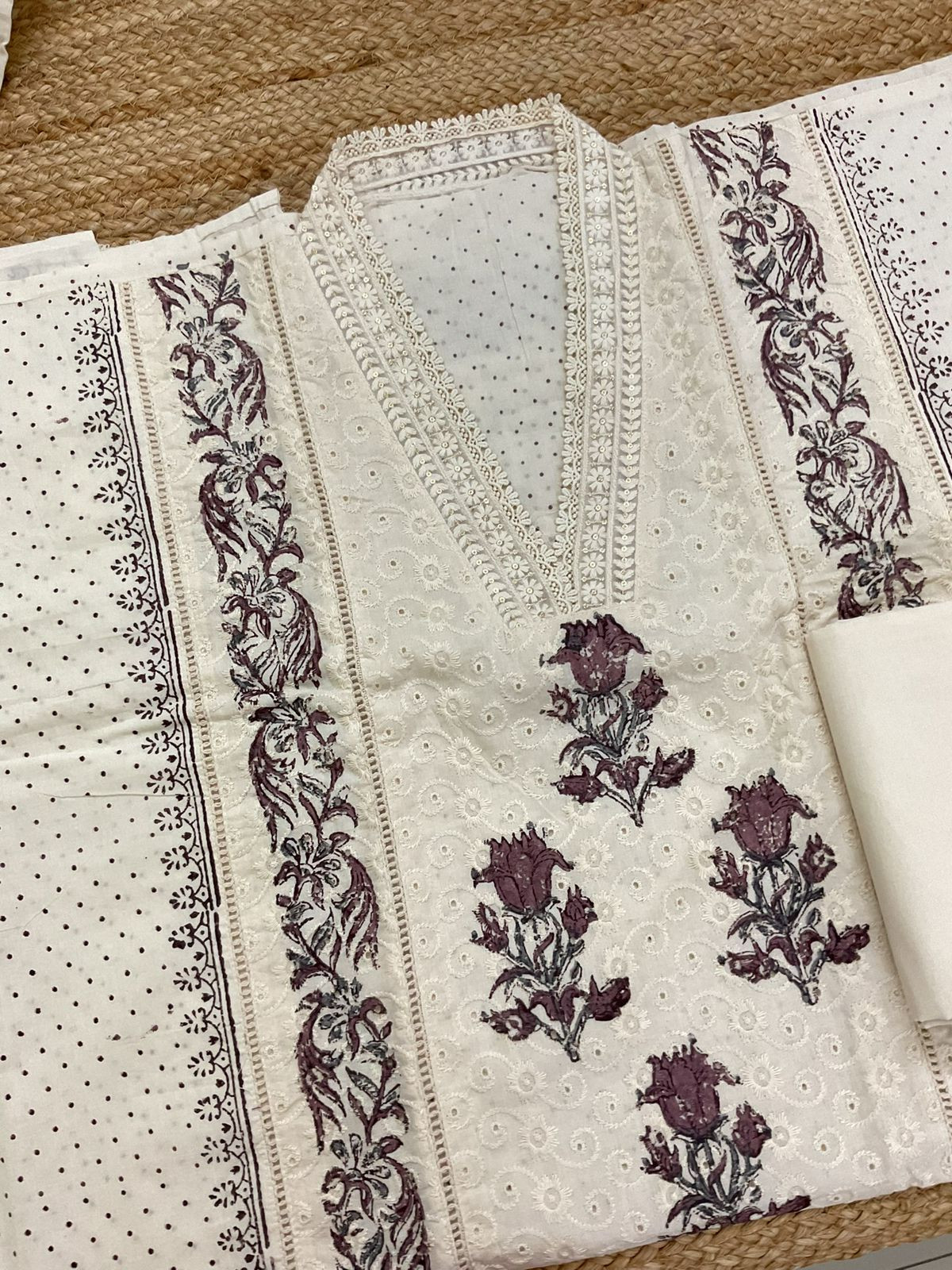 Pure Cotton Printed Embroidered Suit - Cream