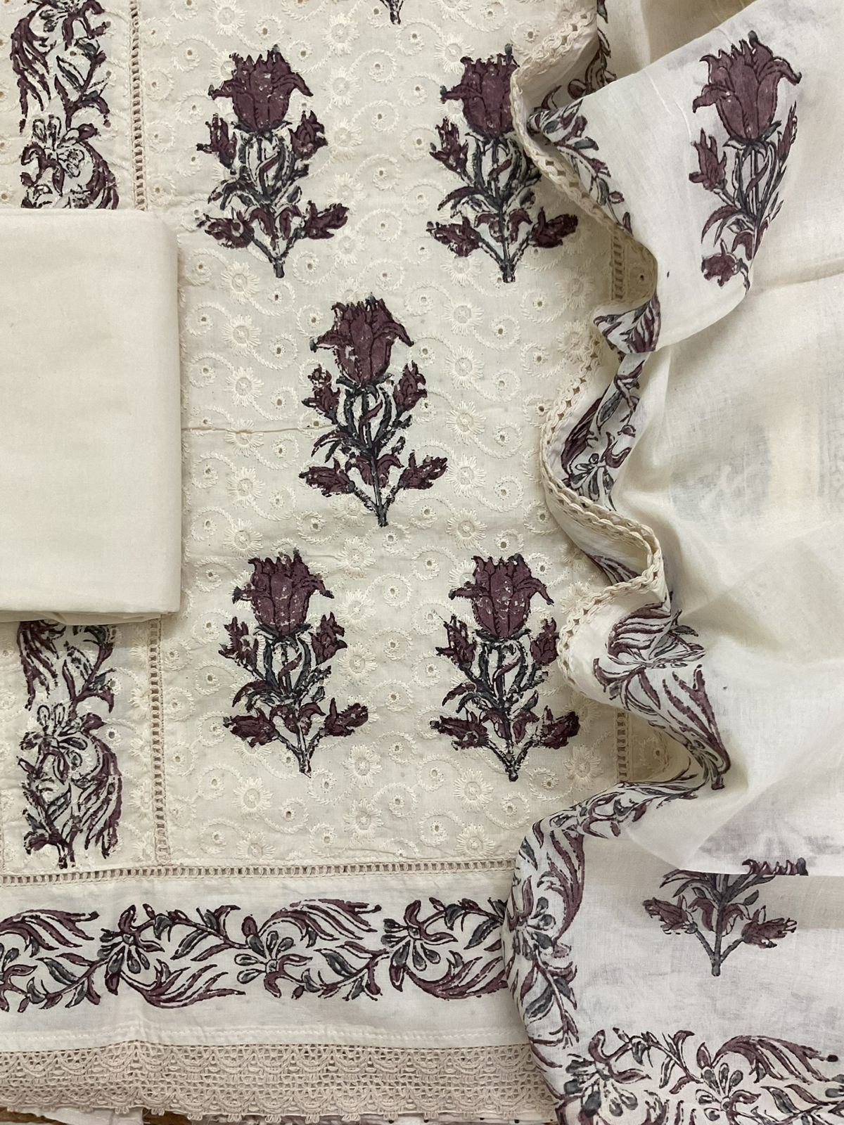 Pure Cotton Printed Embroidered Suit - Cream