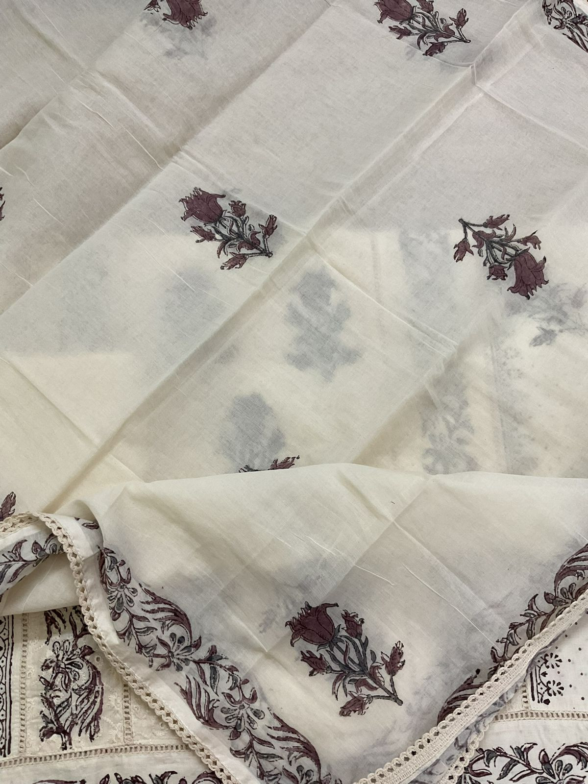 Pure Cotton Printed Embroidered Suit - Cream