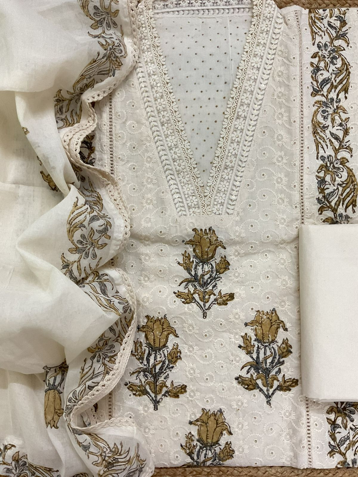 Pure Cotton Printed Embroidered Suit - Cream