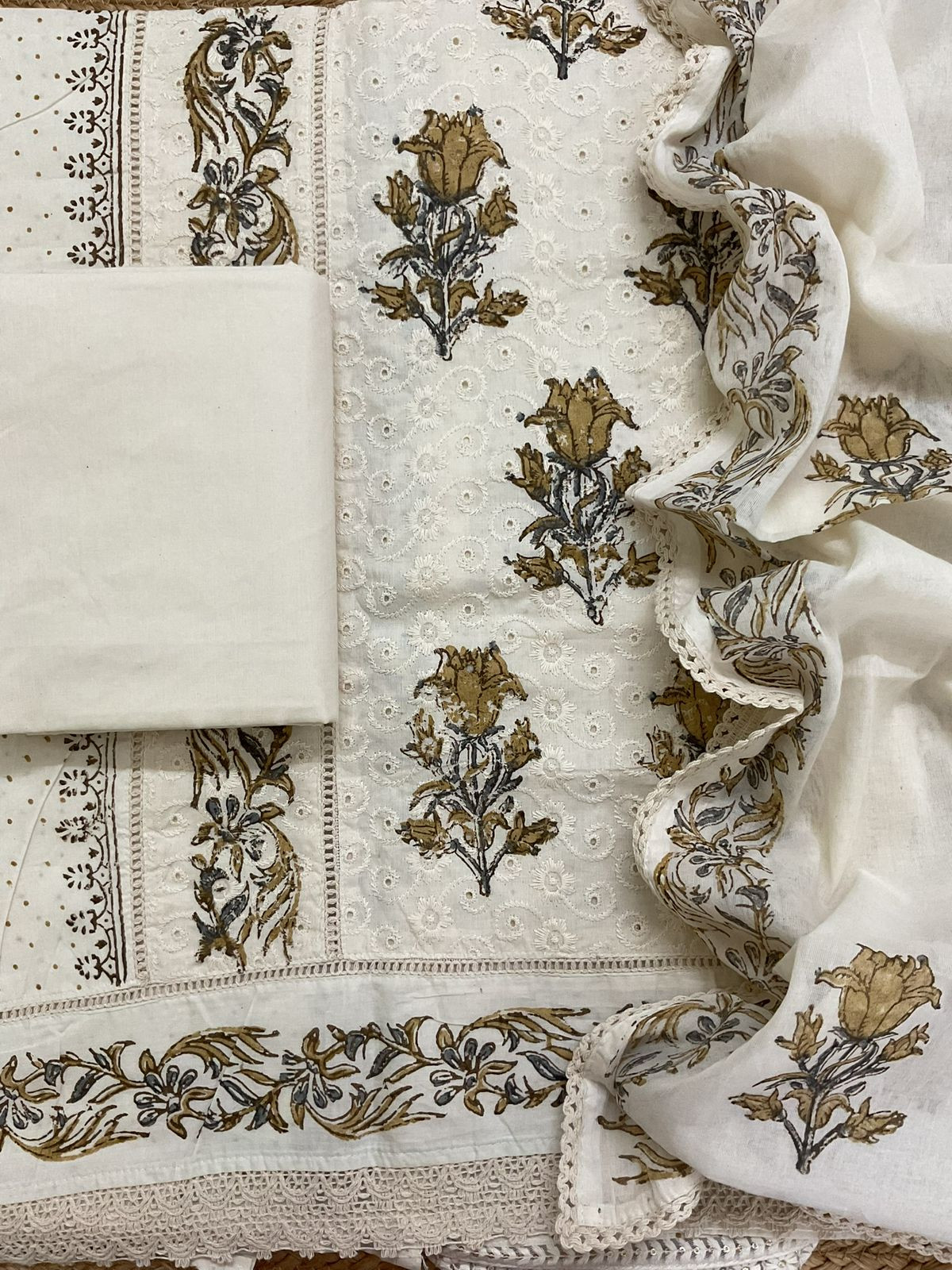 Pure Cotton Printed Embroidered Suit - Cream