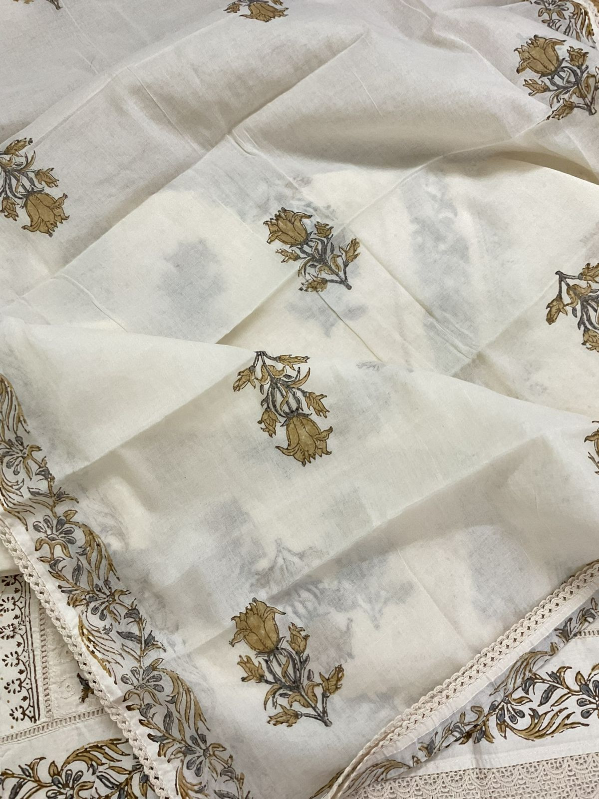 Pure Cotton Printed Embroidered Suit - Cream