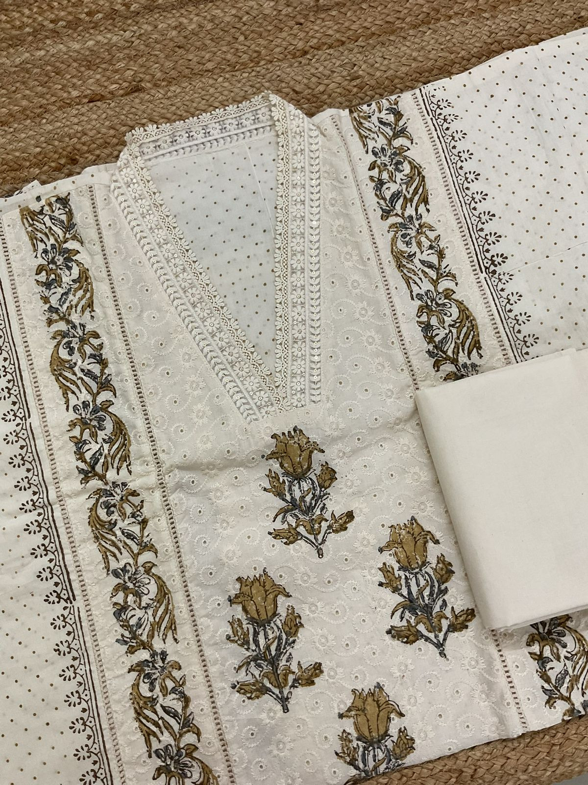 Pure Cotton Printed Embroidered Suit - Cream