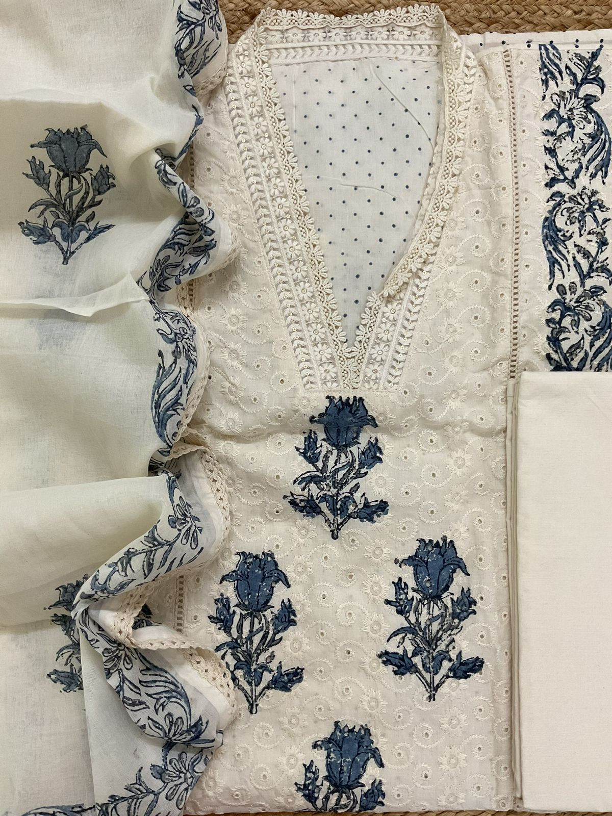 Pure Cotton Printed Embroidered Suit - Cream