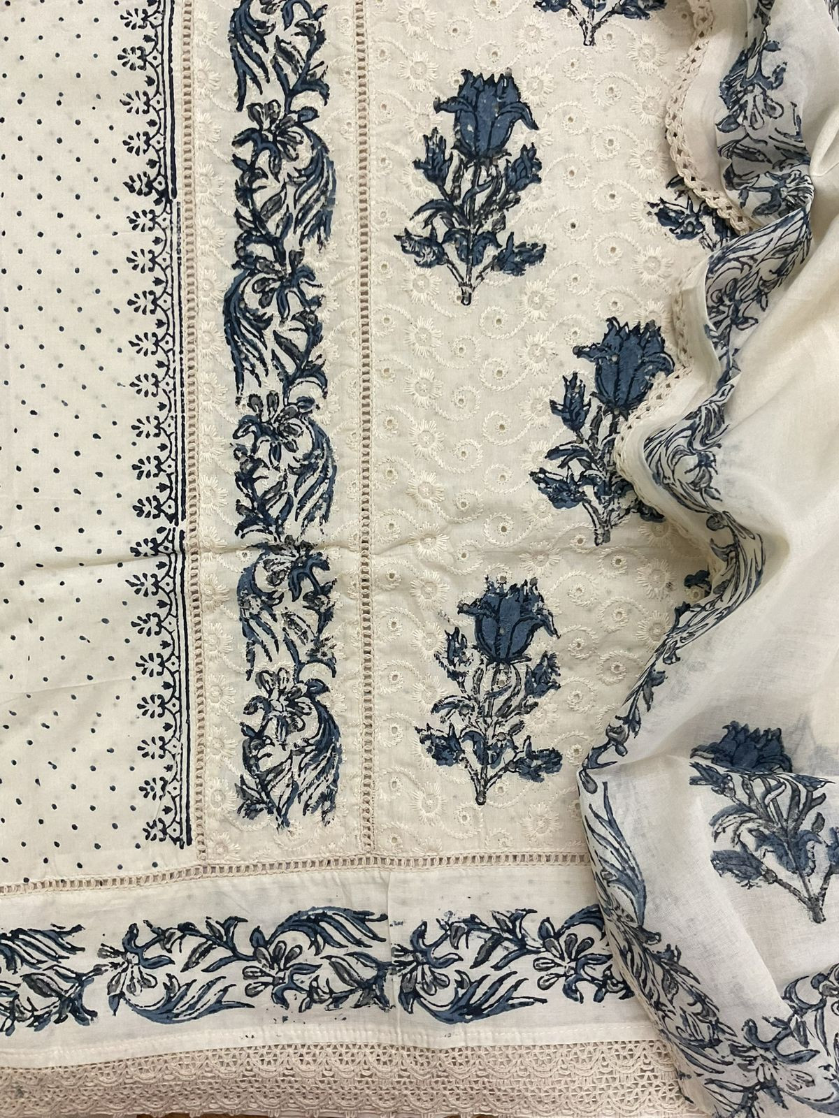 Pure Cotton Printed Embroidered Suit - Cream