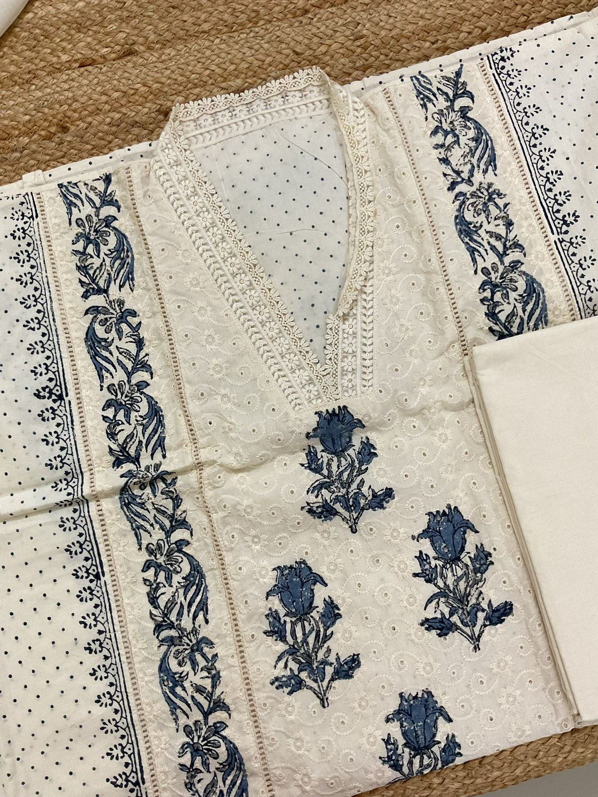 Pure Cotton Printed Embroidered Suit - Cream