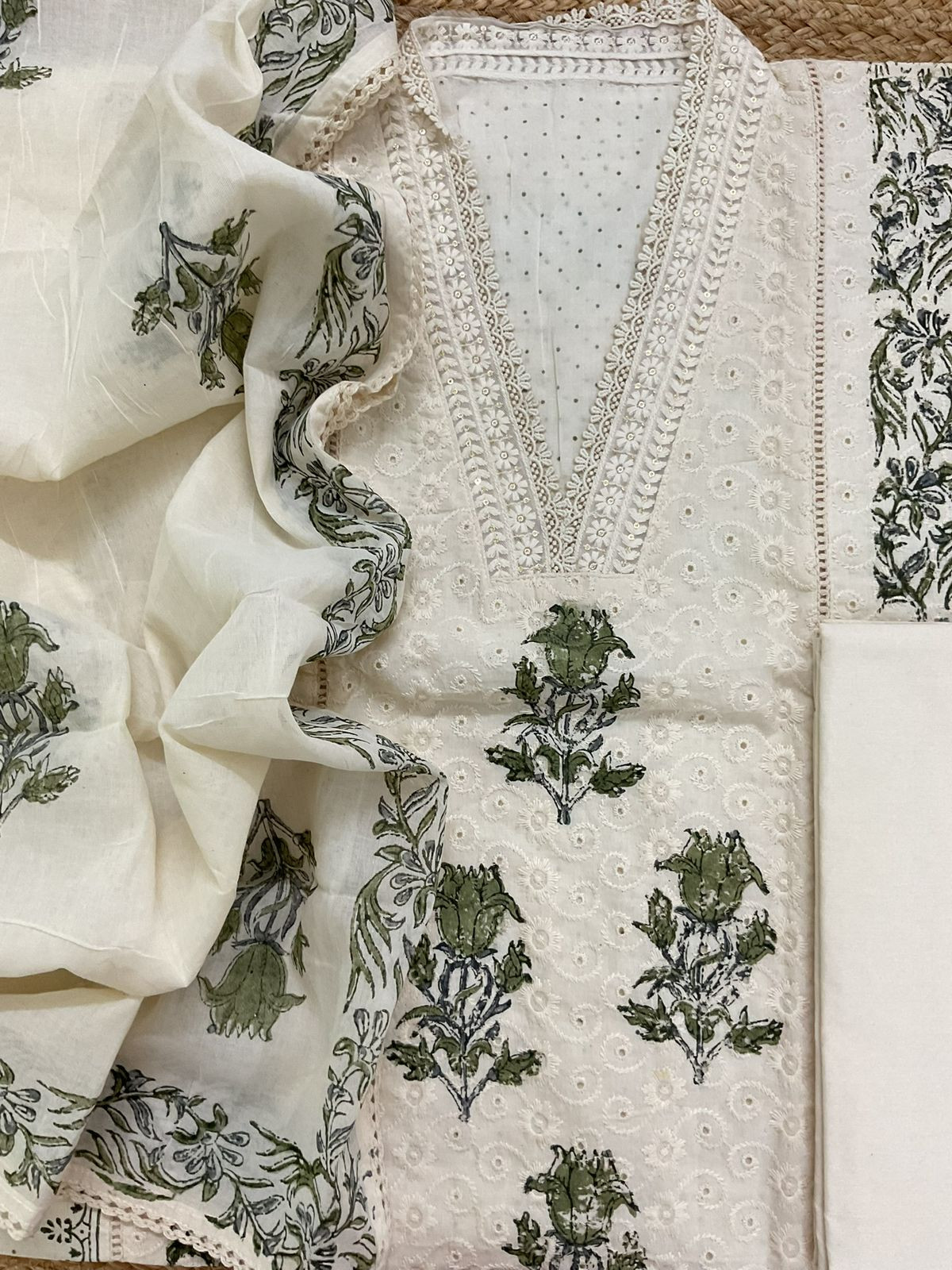 Pure Cotton Printed Embroidered Suit - Cream