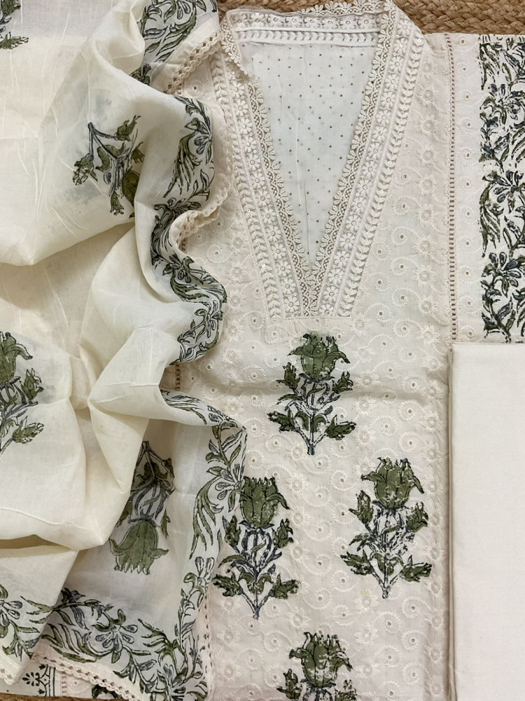 Image of Pure Cotton Printed Embroidered Suit - Cream