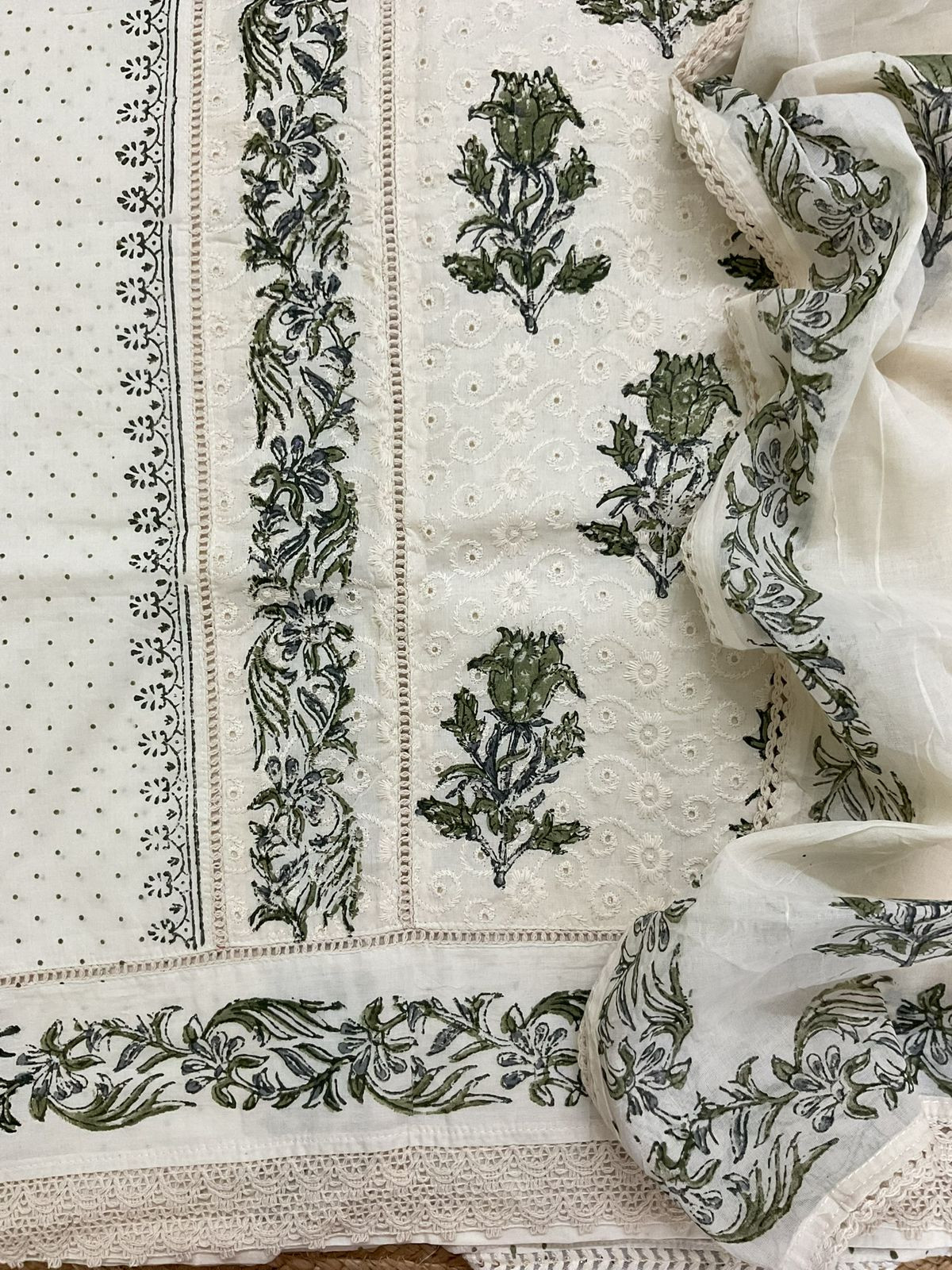 Pure Cotton Printed Embroidered Suit - Cream