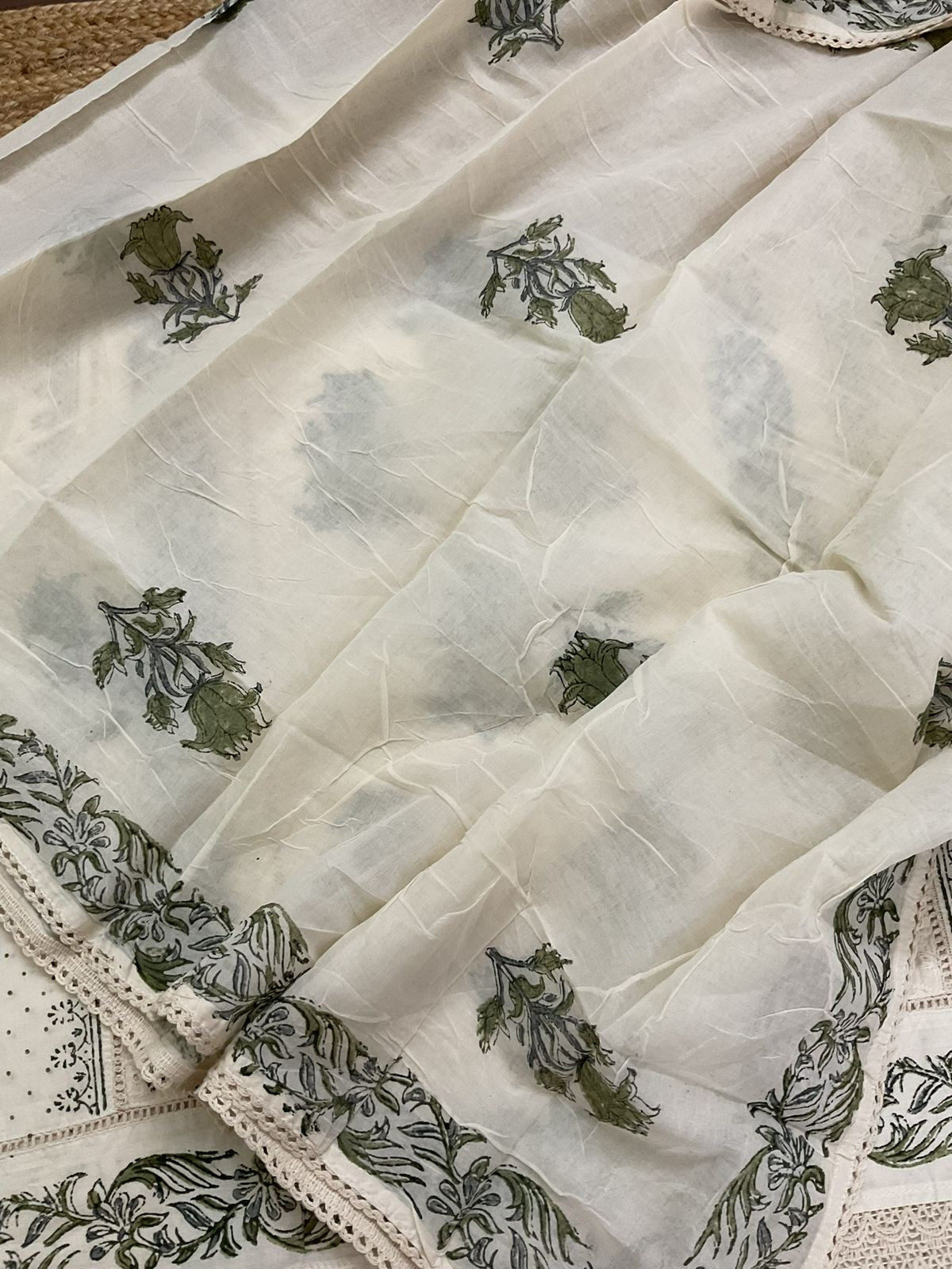 Pure Cotton Printed Embroidered Suit - Cream