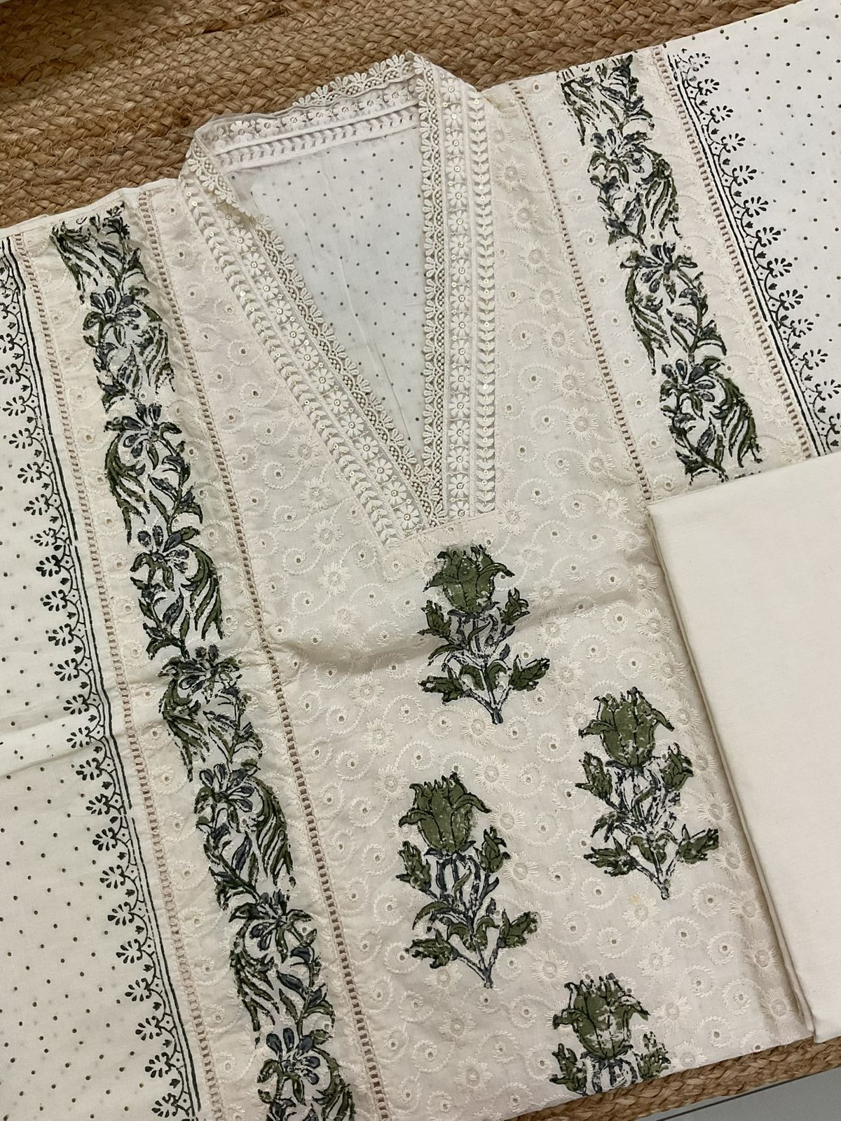 Pure Cotton Printed Embroidered Suit - Cream