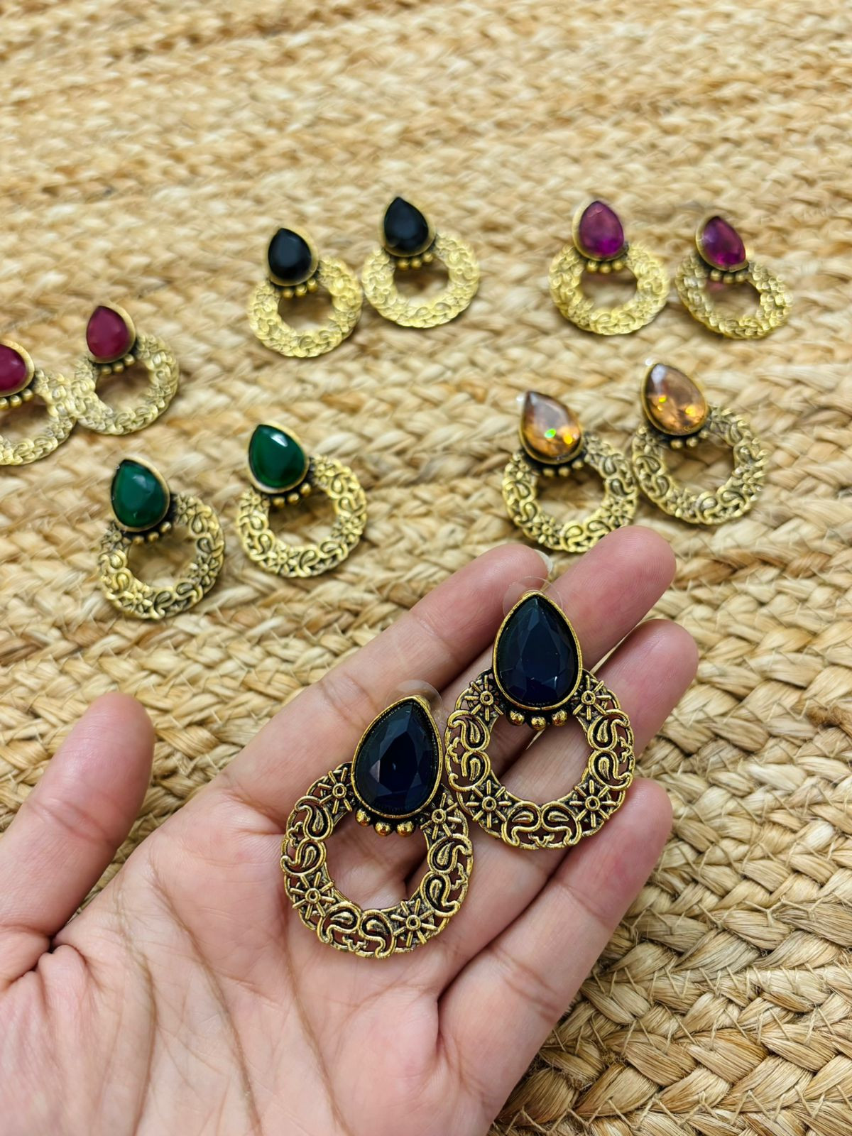 Metallic Oxidised Gold Earrings - Blue