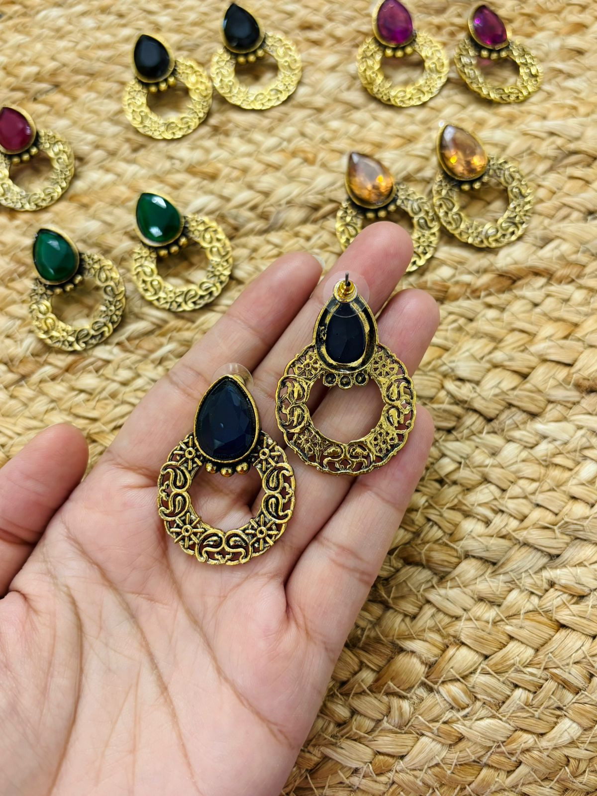 Metallic Oxidised Gold Earrings - Blue