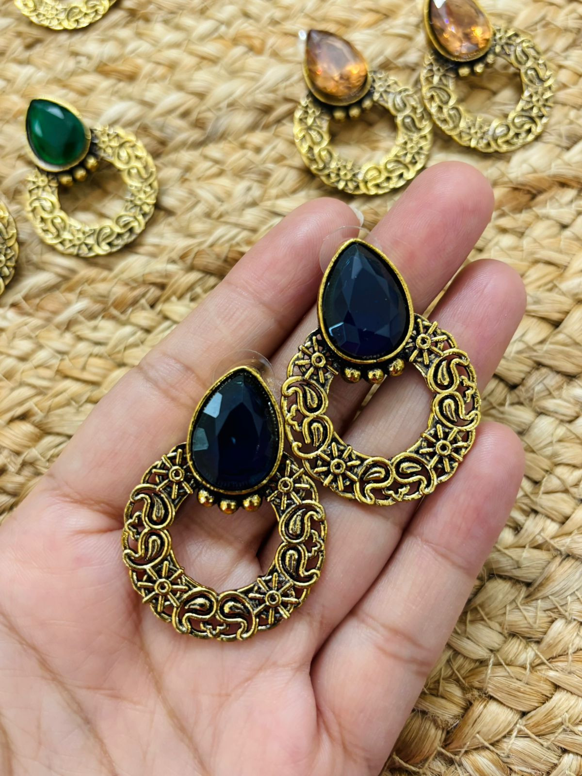 Metallic Oxidised Gold Earrings - Blue