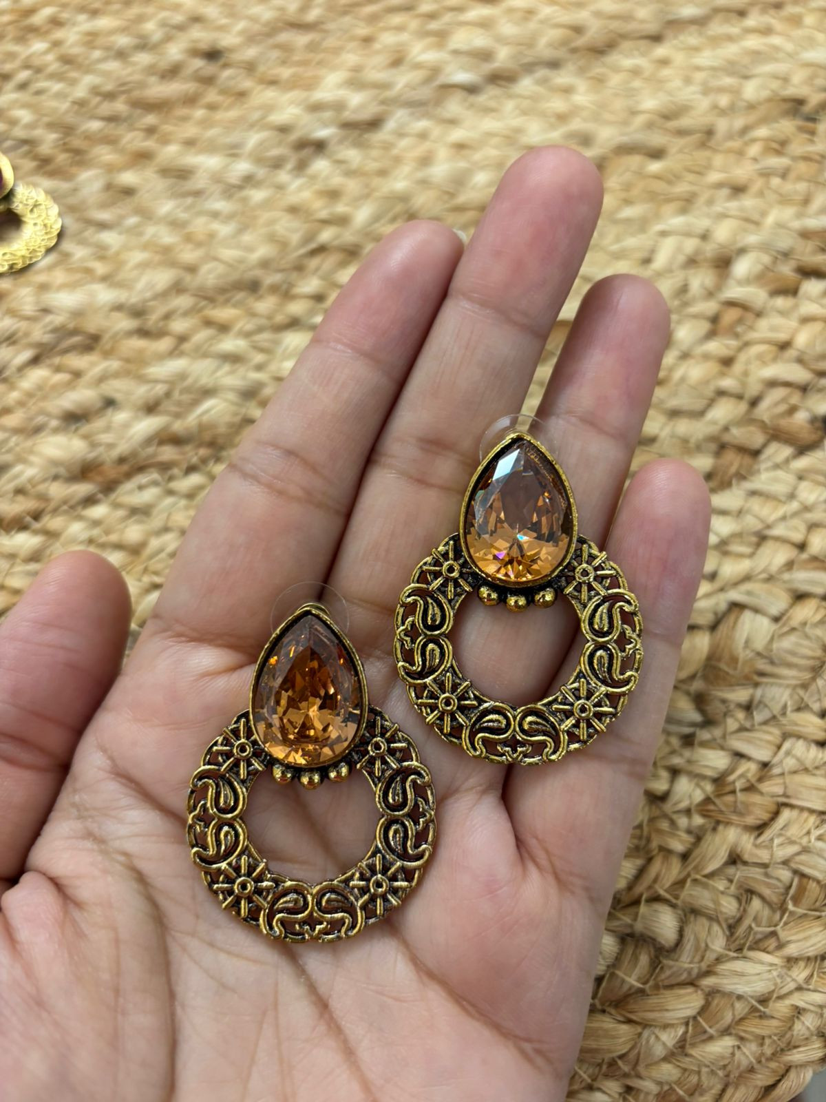 Metallic Oxidised Gold Earrings - Peach