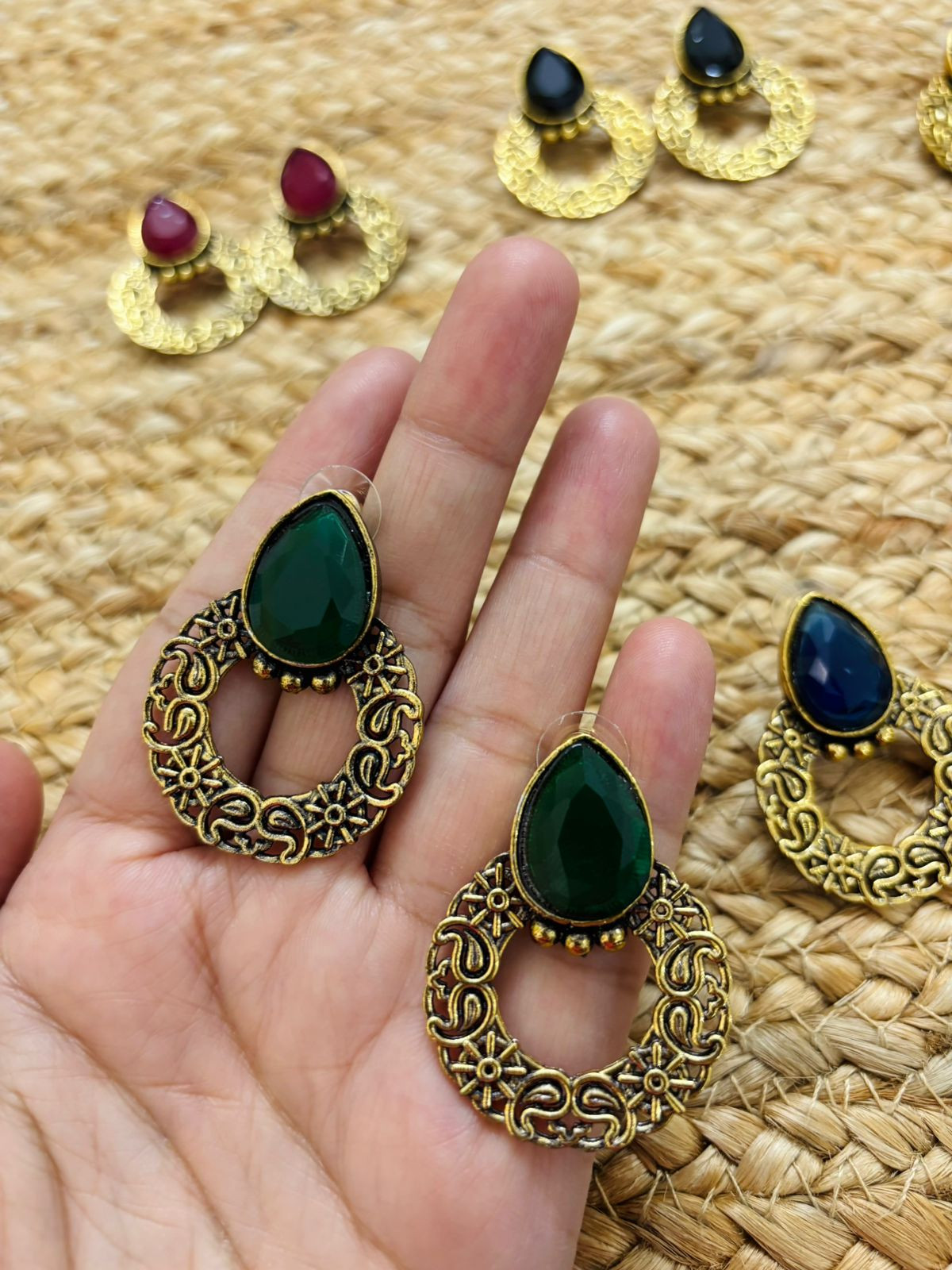 Metallic Oxidised Gold Earrings - Green