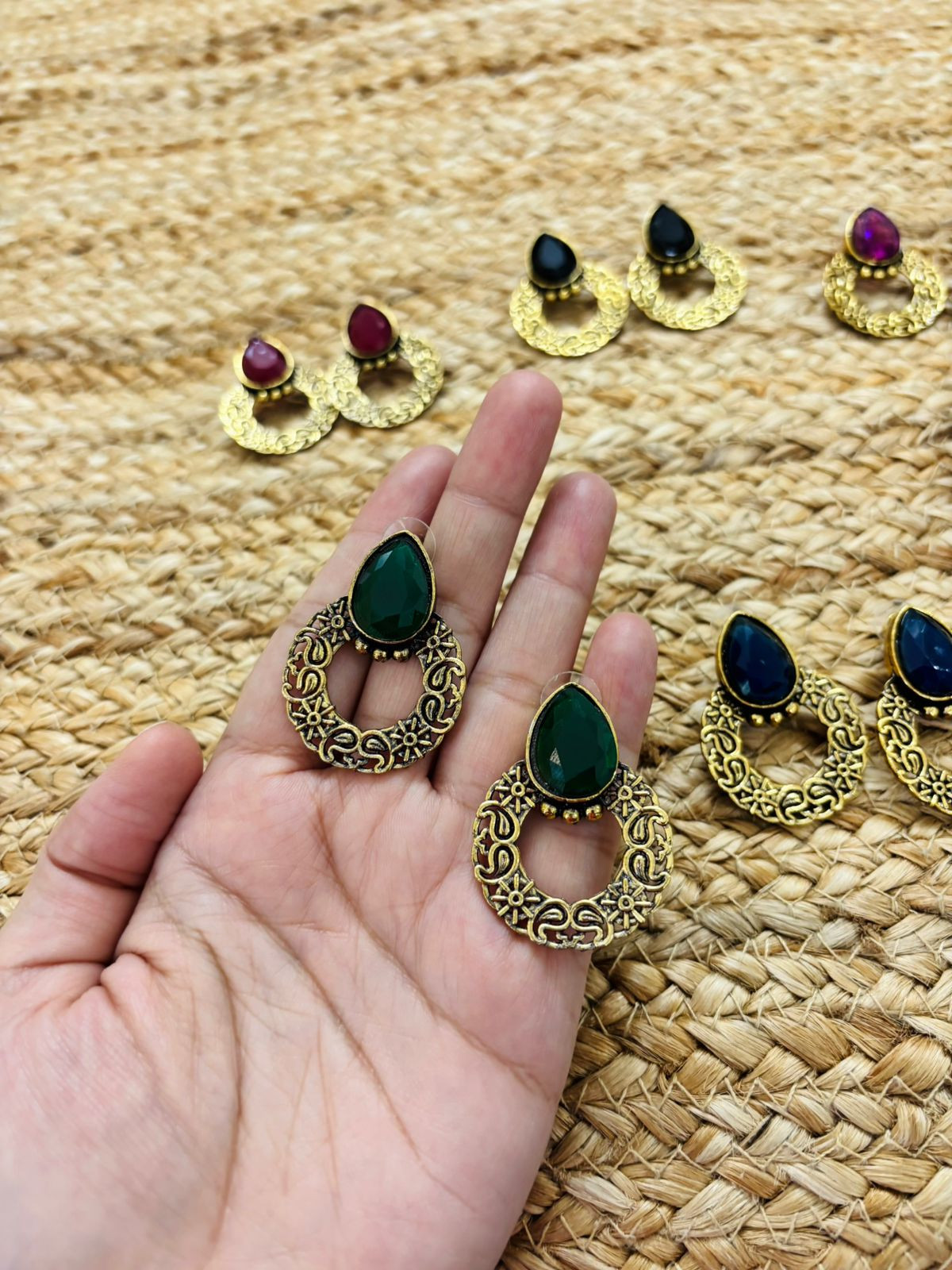 Metallic Oxidised Gold Earrings - Green