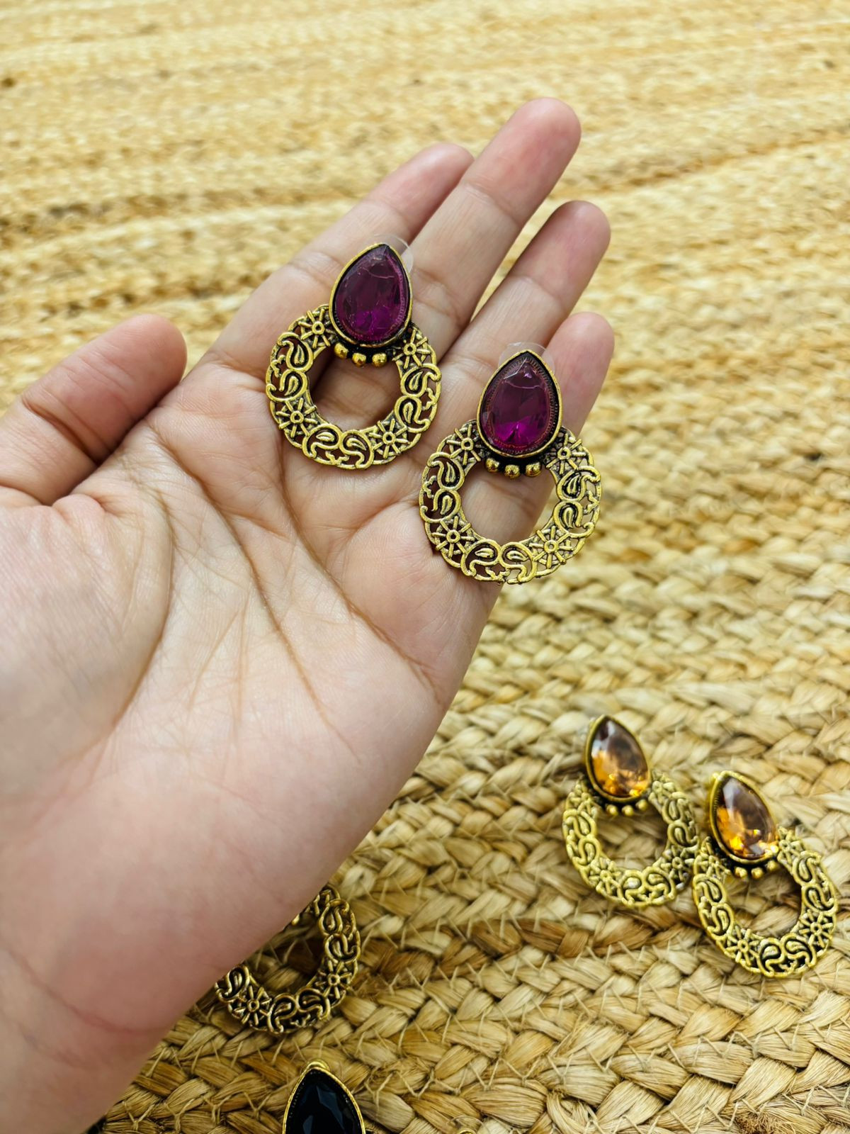 Metallic Oxidised Gold Earrings - Wine