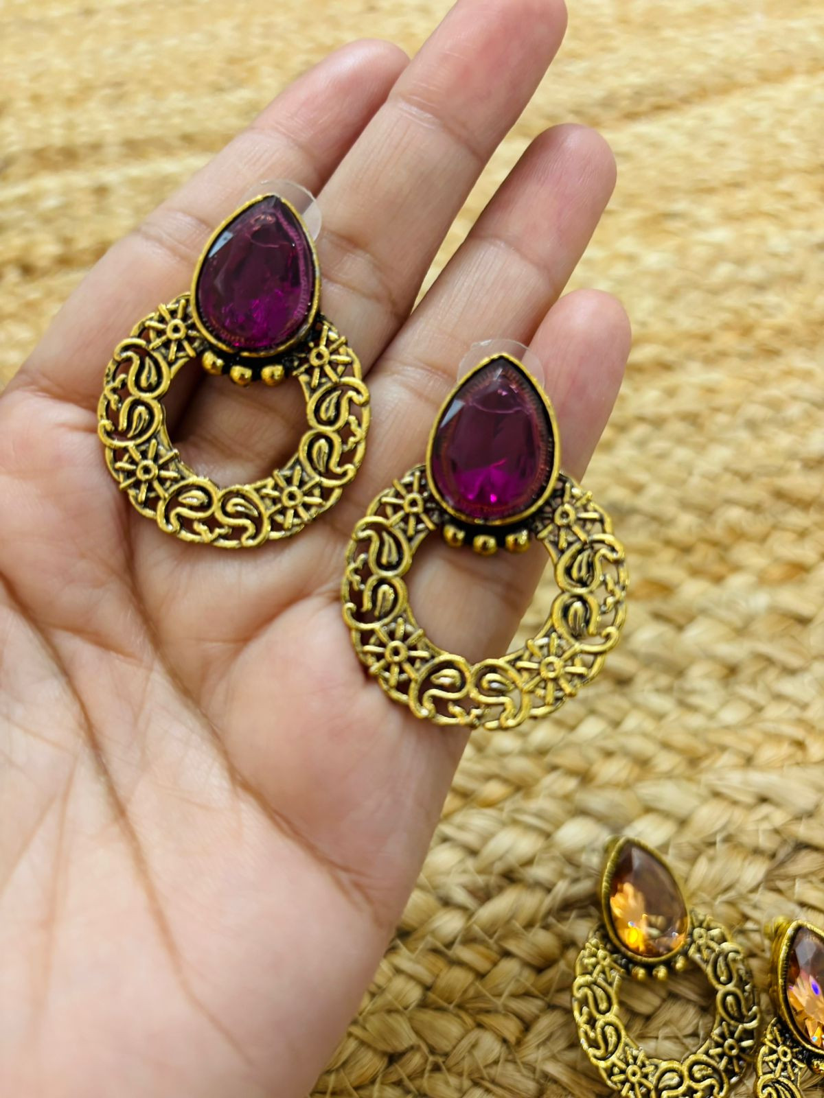 Metallic Oxidised Gold Earrings - Wine