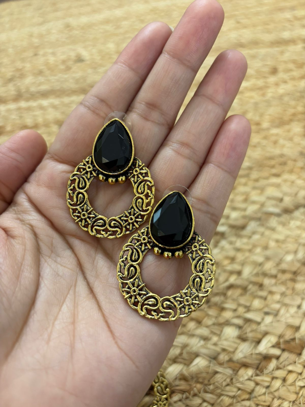 Metallic Oxidised Gold Earrings - Black