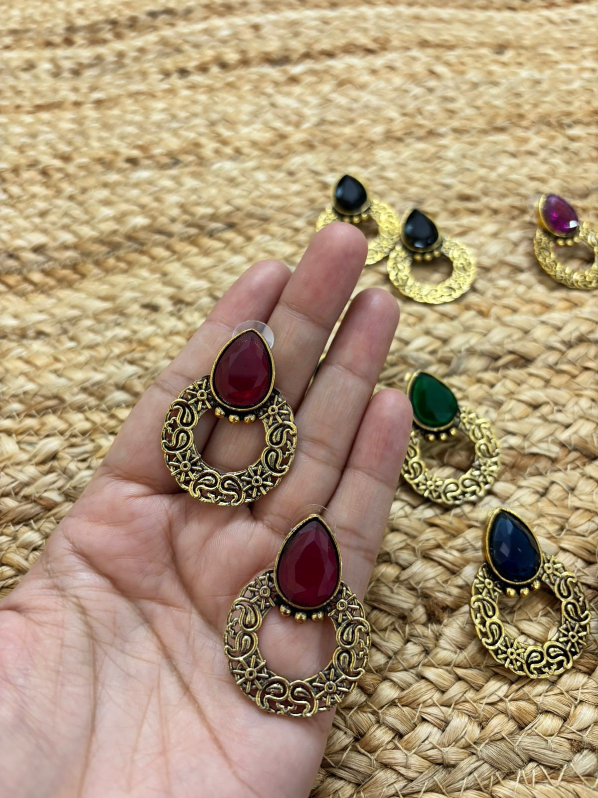 Metallic Oxidised Gold Earrings - Maroon