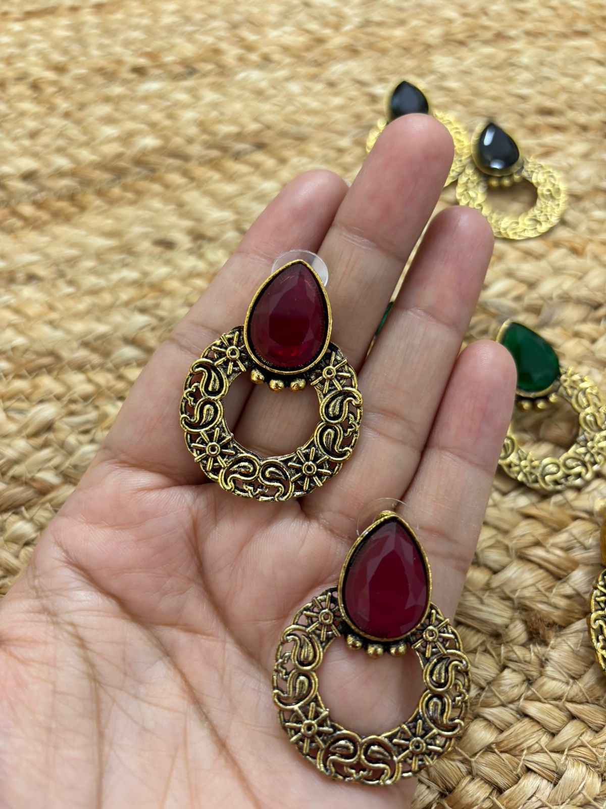 Metallic Oxidised Gold Earrings - Maroon