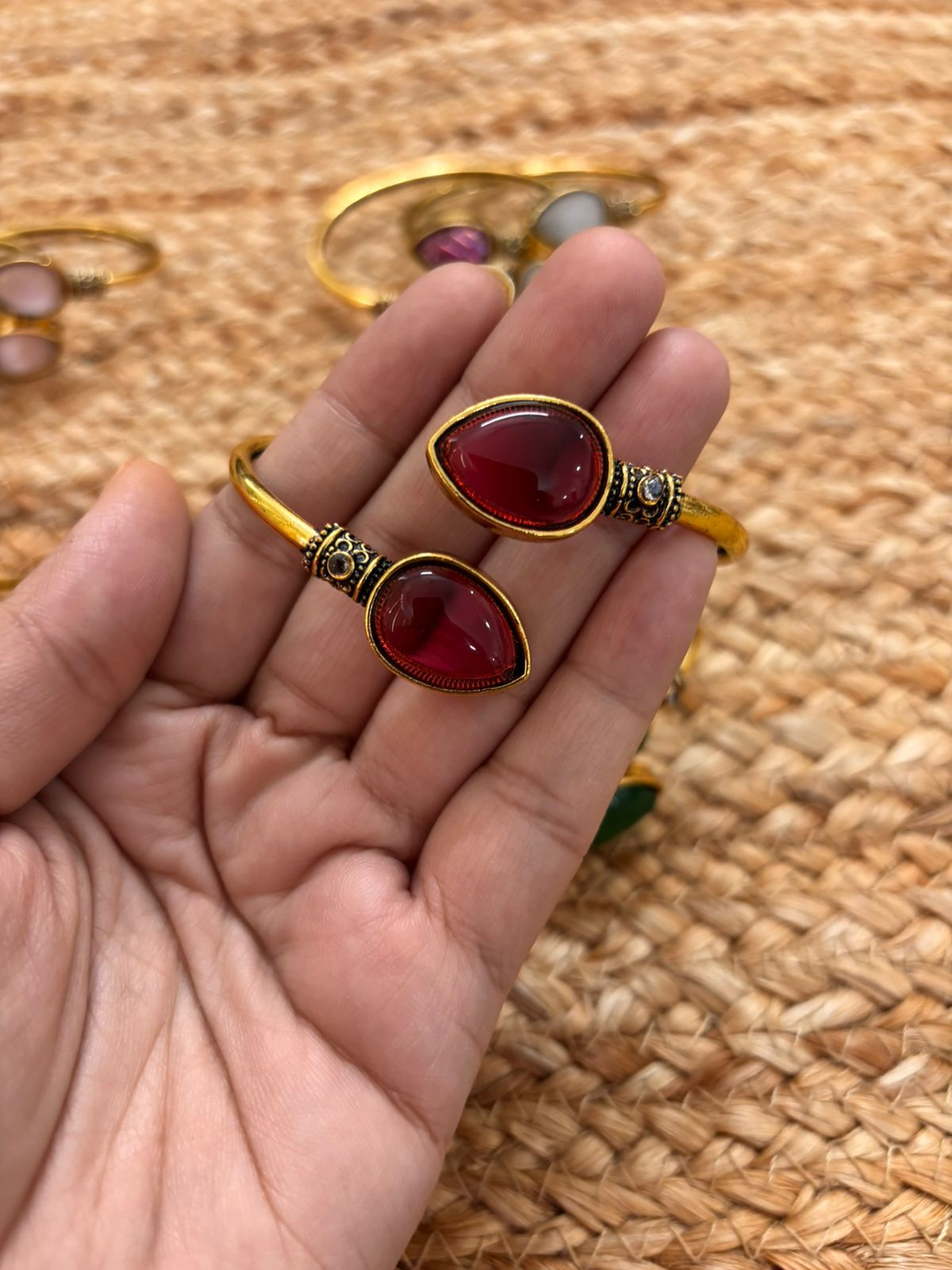 Metallic Oxidised Adjustable Gold Bangle - Red