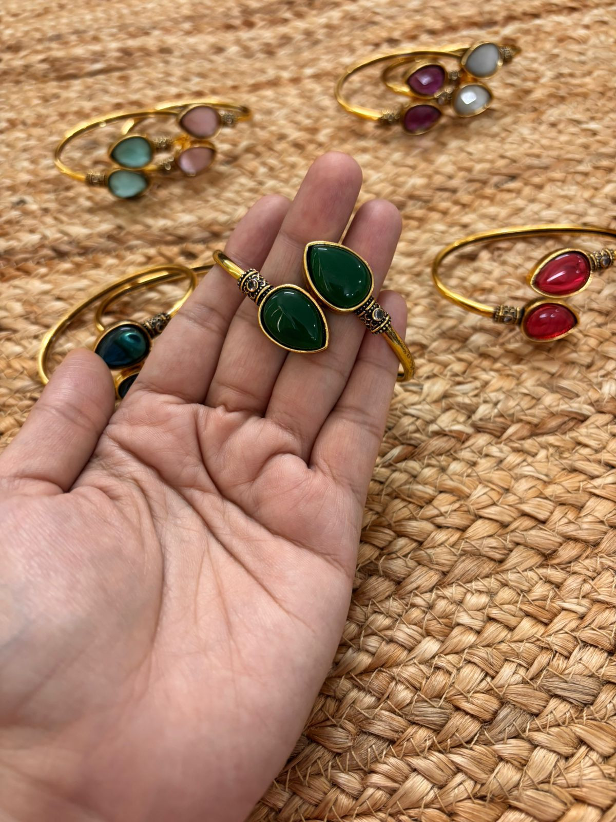 Metallic Oxidised Adjustable Gold Bangle - Green