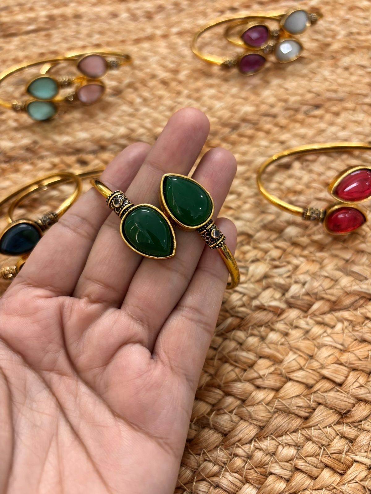 Metallic Oxidised Adjustable Gold Bangle - Green