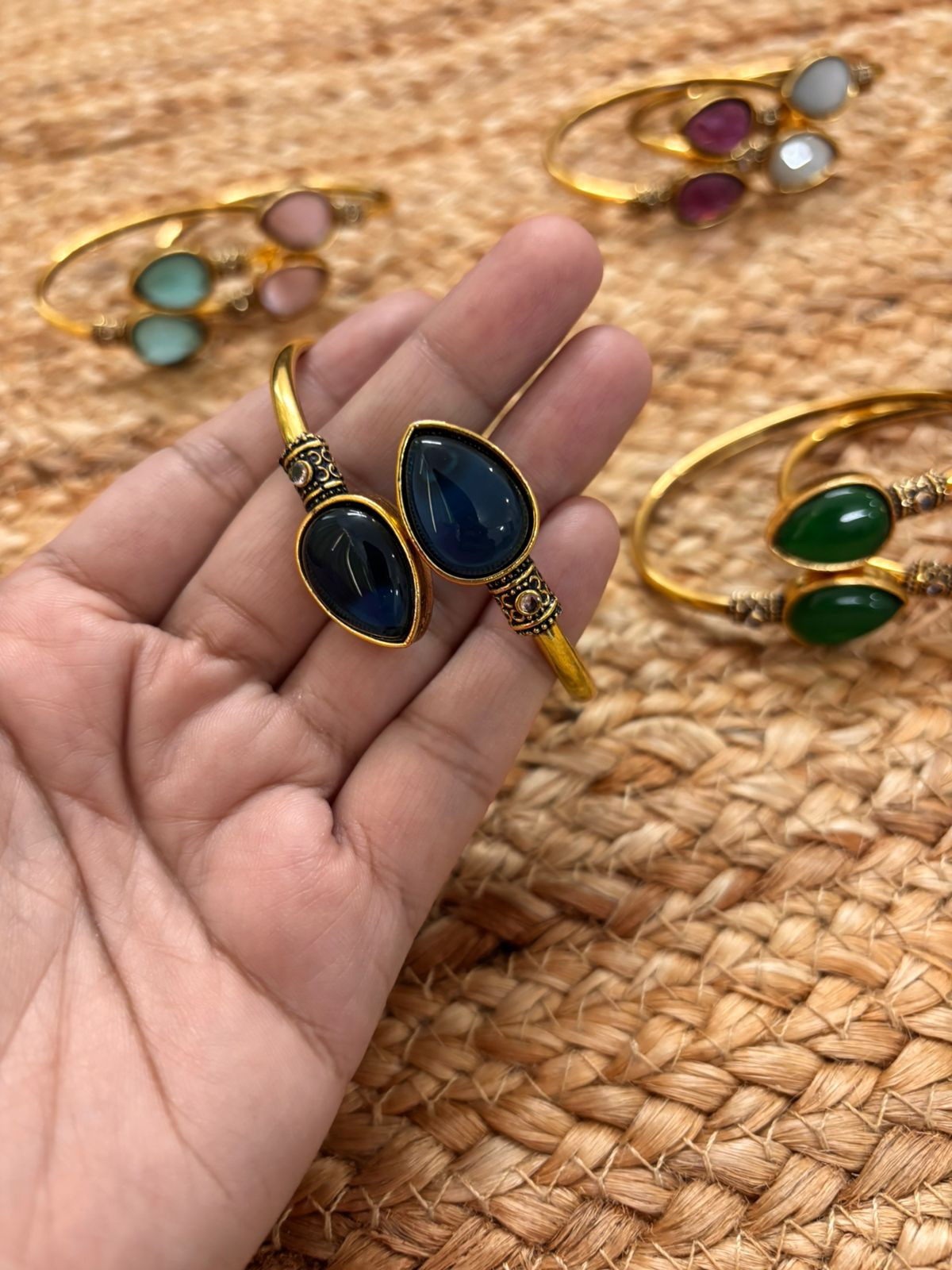 Metallic Oxidised Adjustable Gold Bangle - Blue