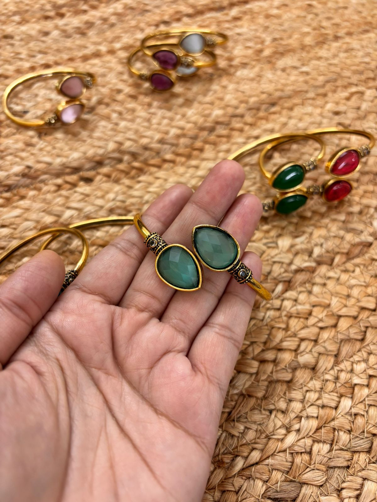 Metallic Oxidised Adjustable Gold Bangle - Sea Green