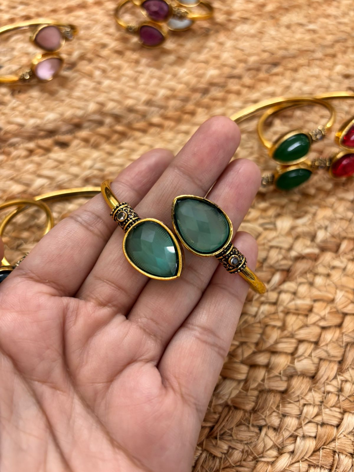 Metallic Oxidised Adjustable Gold Bangle - Sea Green