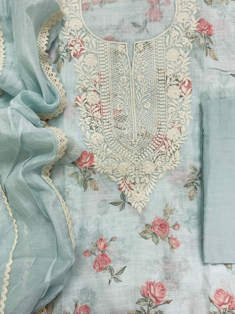 Image of Soft Linen Jute Cotton Printed Embroidered Suit - Blue