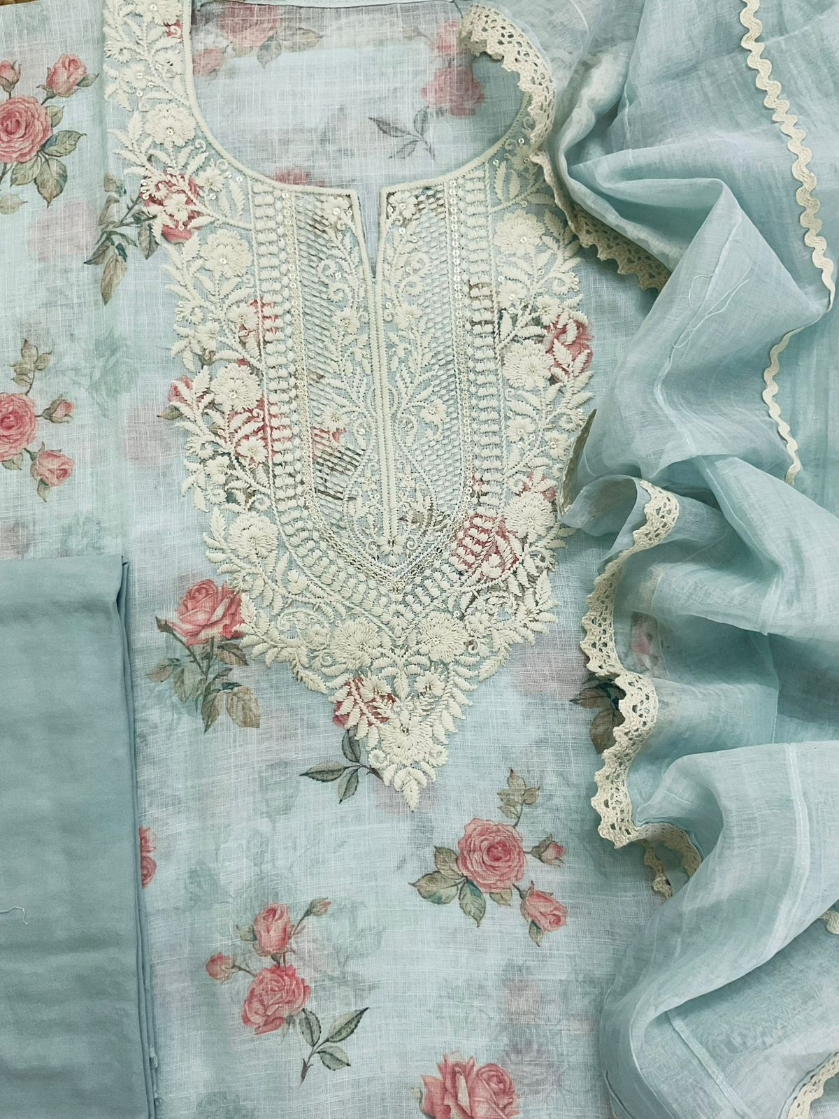 Soft Linen Jute Cotton Printed Embroidered Suit - Blue