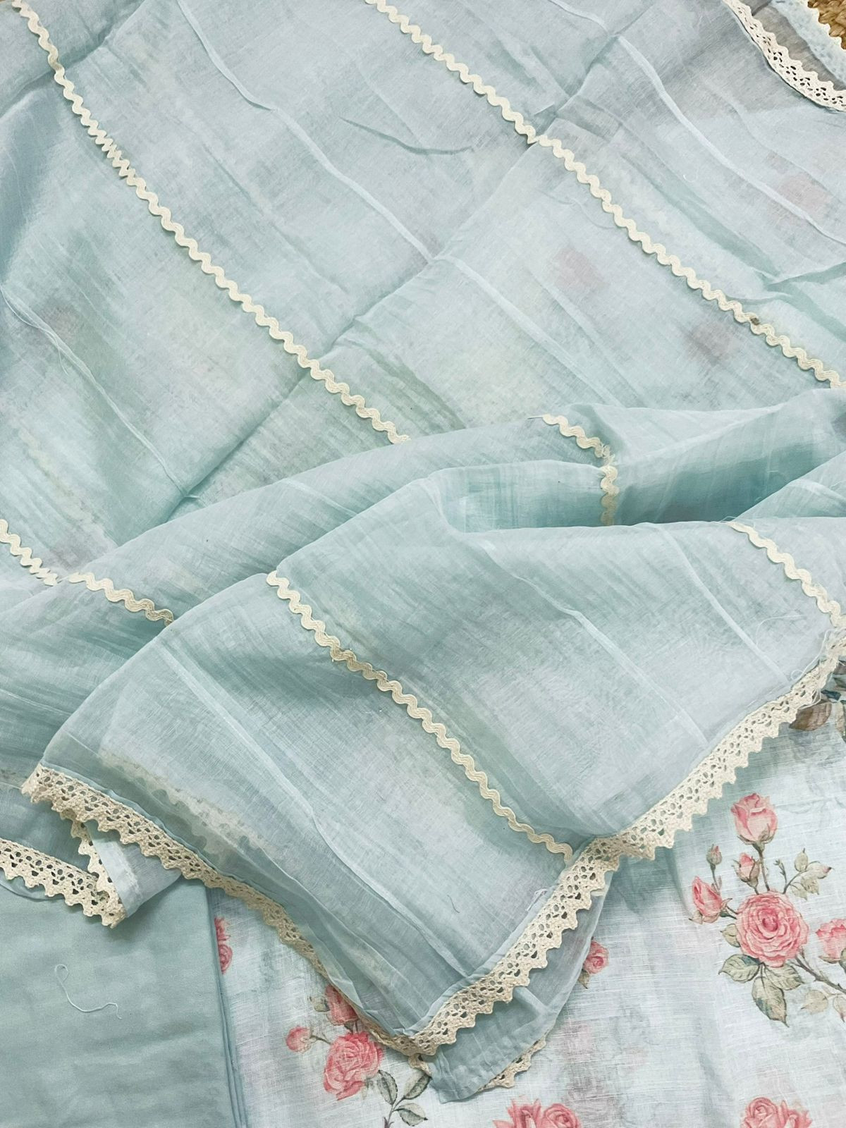 Soft Linen Jute Cotton Printed Embroidered Suit - Blue