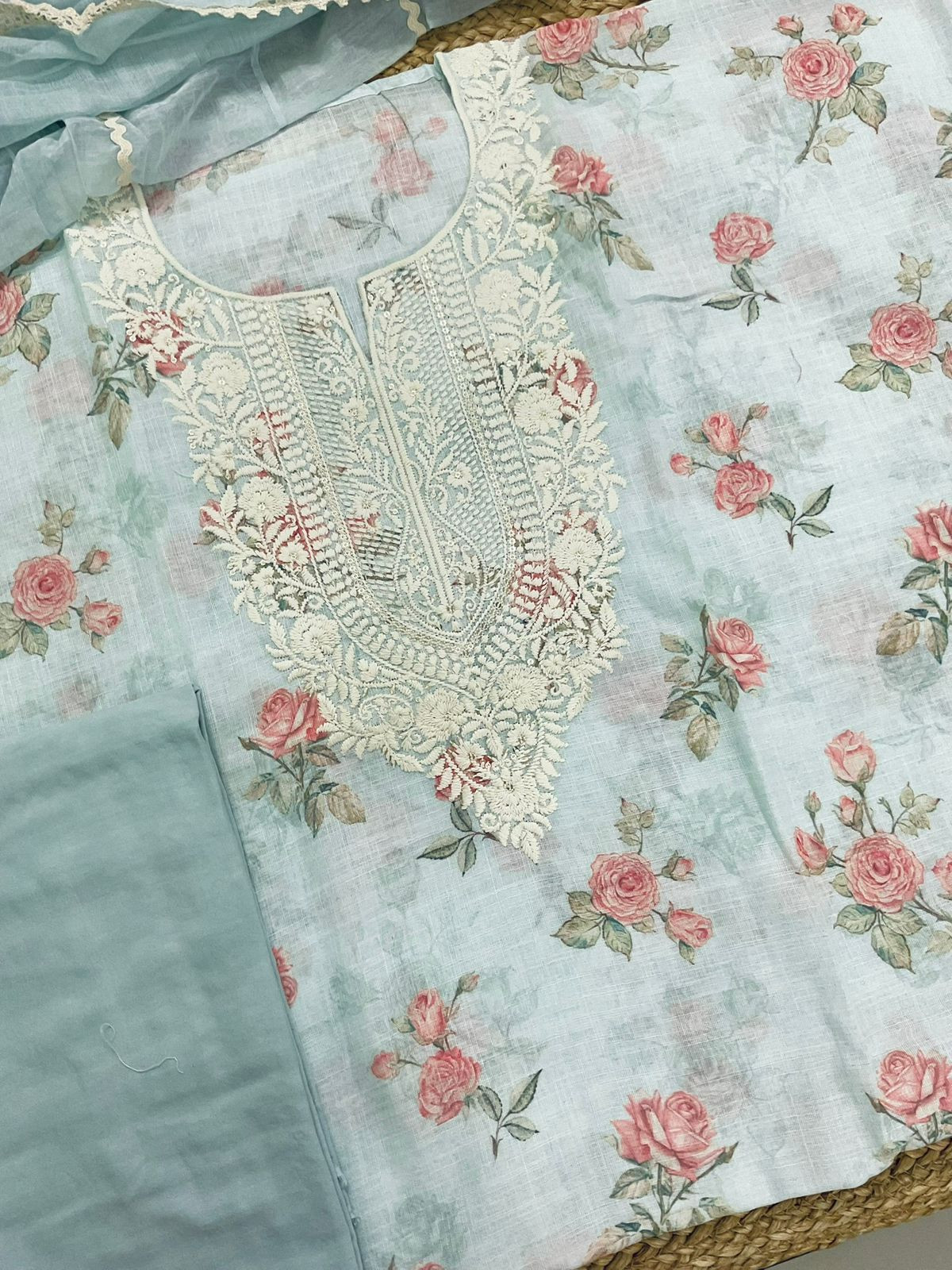 Soft Linen Jute Cotton Printed Embroidered Suit - Blue