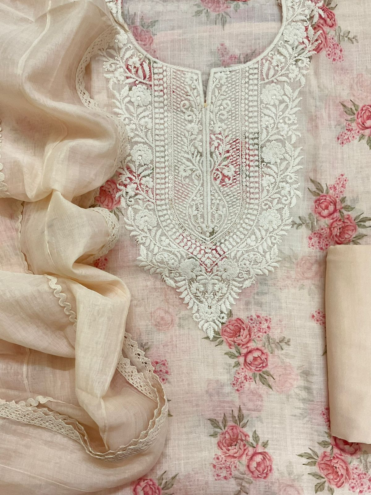 Soft Linen Jute Cotton Printed Embroidered Suit - Peach