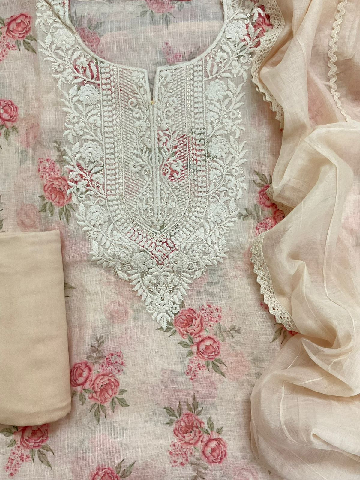 Soft Linen Jute Cotton Printed Embroidered Suit - Peach