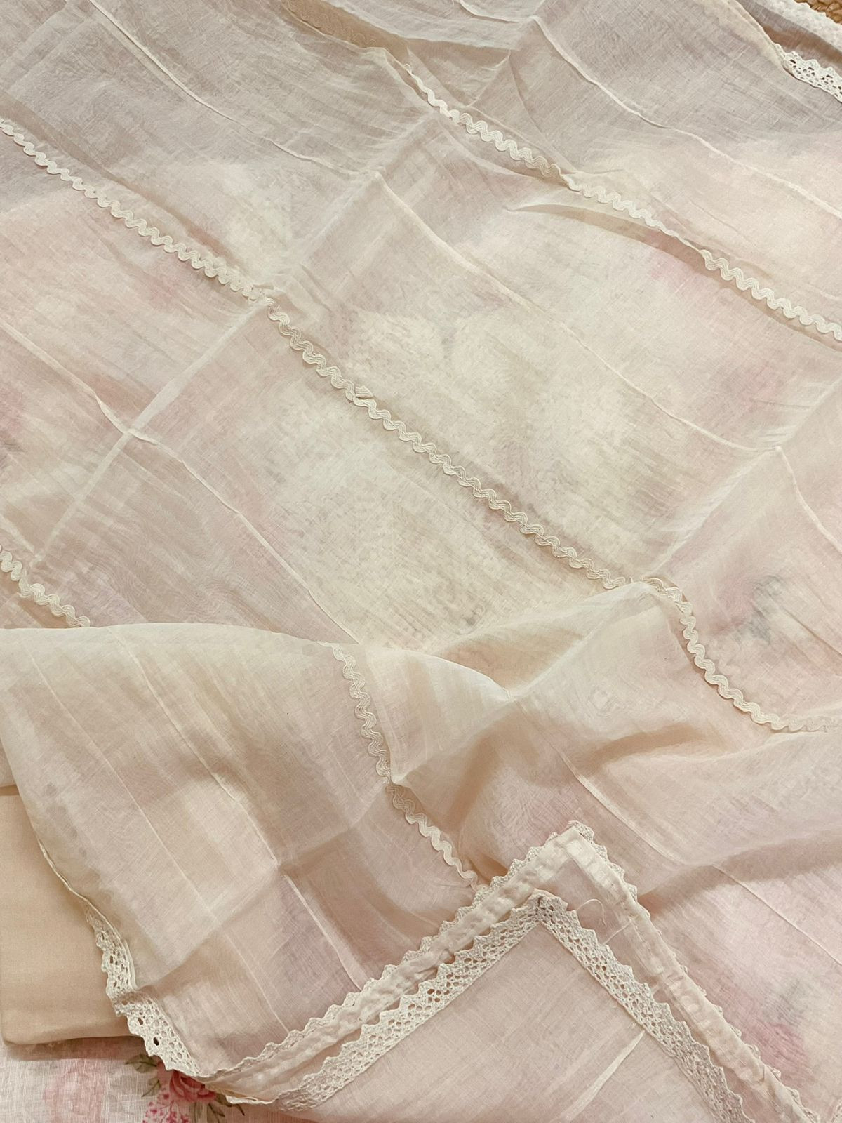 Soft Linen Jute Cotton Printed Embroidered Suit - Peach