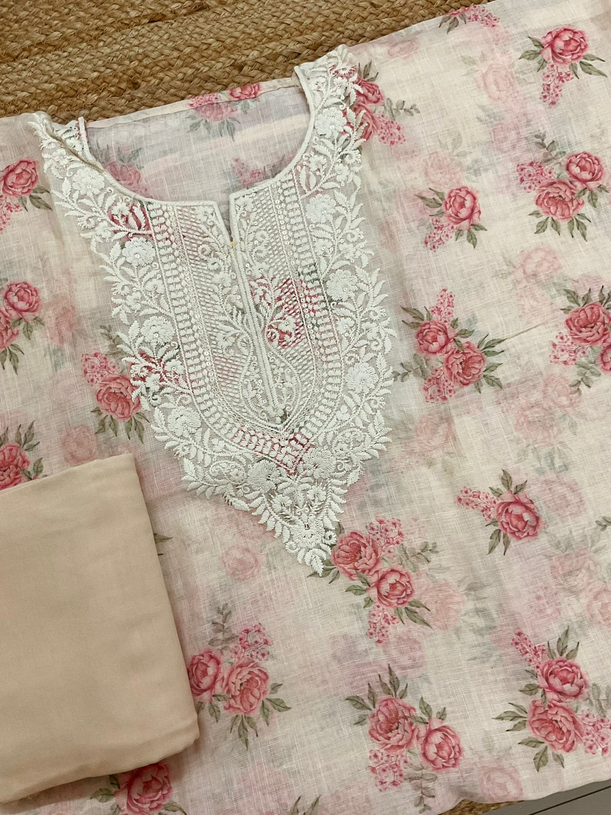 Soft Linen Jute Cotton Printed Embroidered Suit - Peach