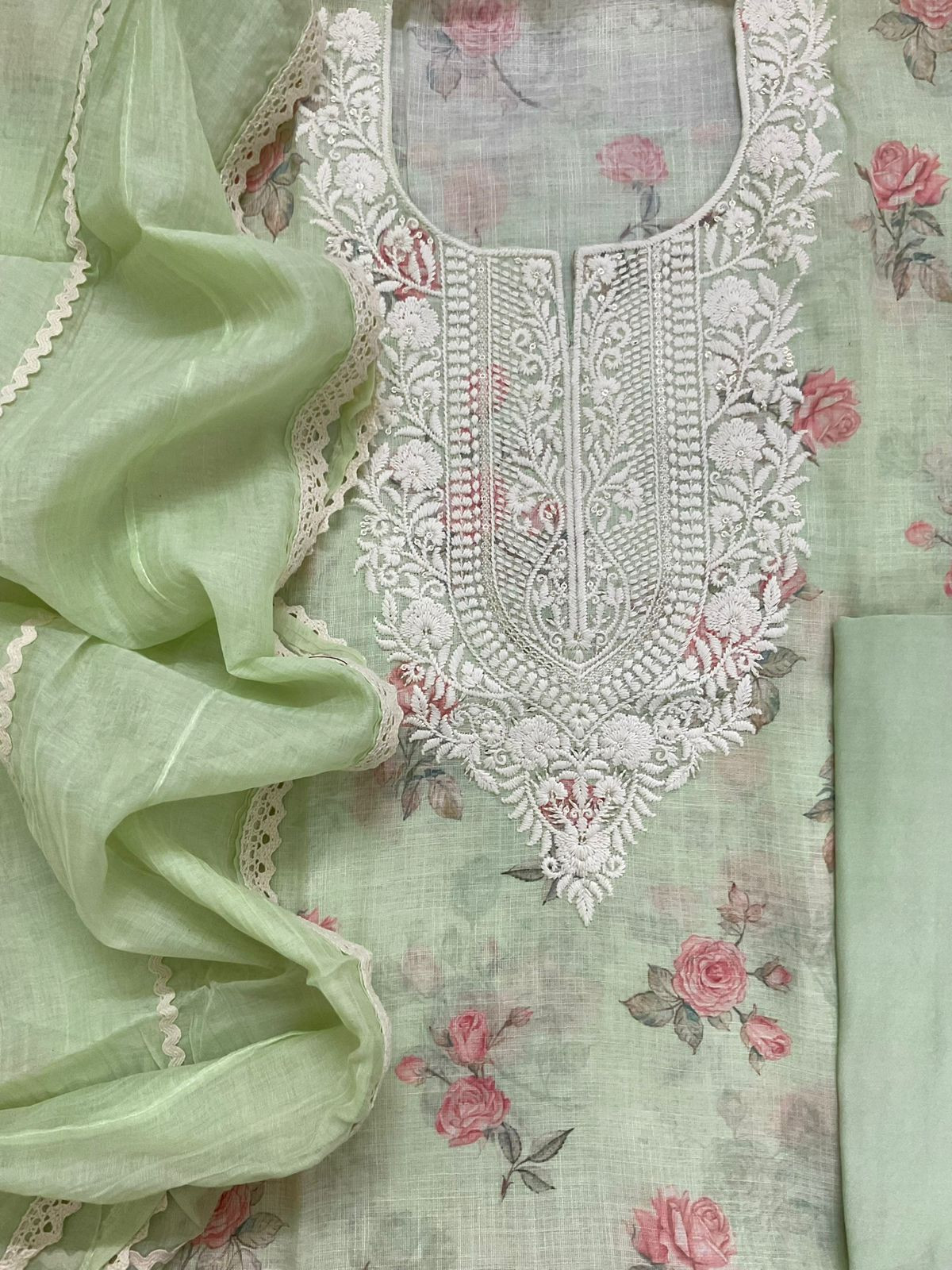 Soft Linen Jute Cotton Printed Embroidered Suit - Green