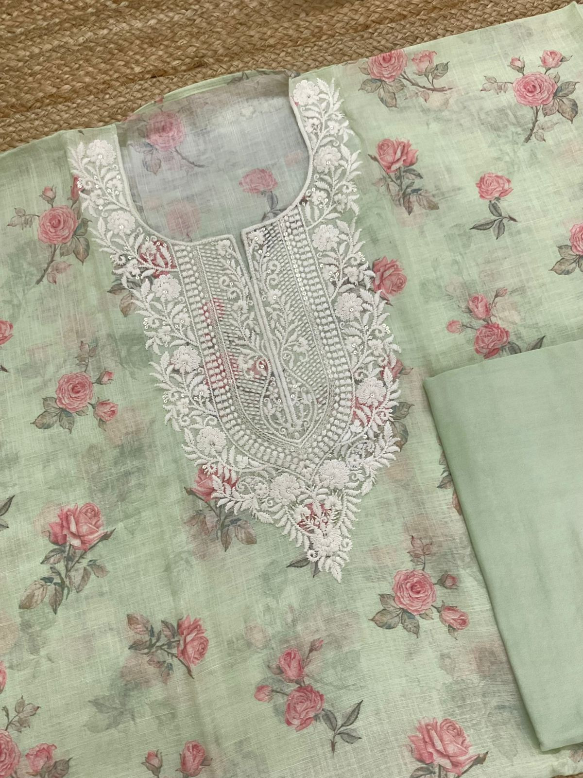Soft Linen Jute Cotton Printed Embroidered Suit - Green
